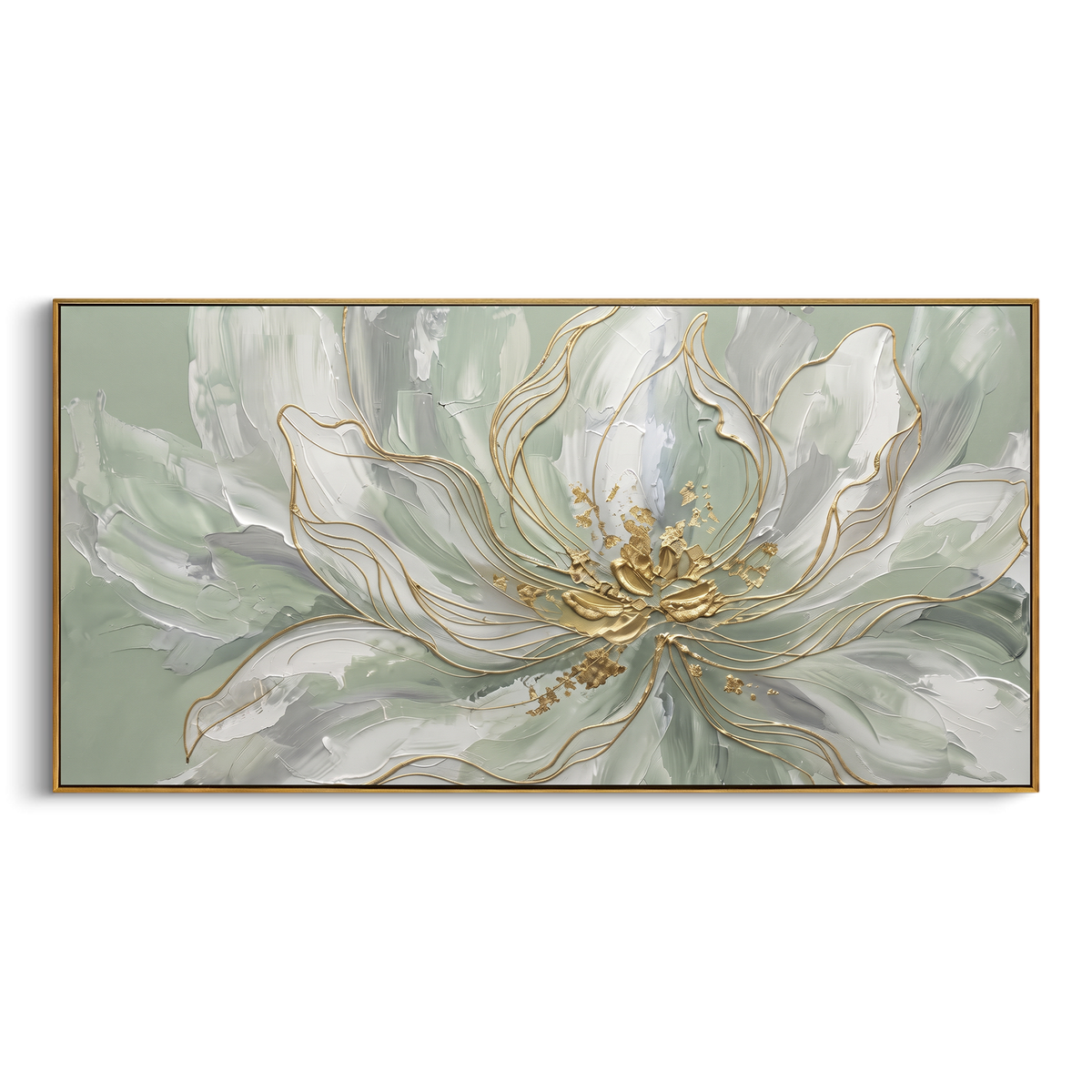 White Lotus Sage Bloom focuses on a wide white lotus-like bloom with gold center lines over a sage ground, using the sage green family as the main atmosphere while keeping the subject and composition specific to the actual main image. The visible details are described from the artwork itself: the placement of the main forms, the surrounding negative space, the relationship between pale highlights and deeper green or dark accents, and the direction of the brushwork across the surface. Raised