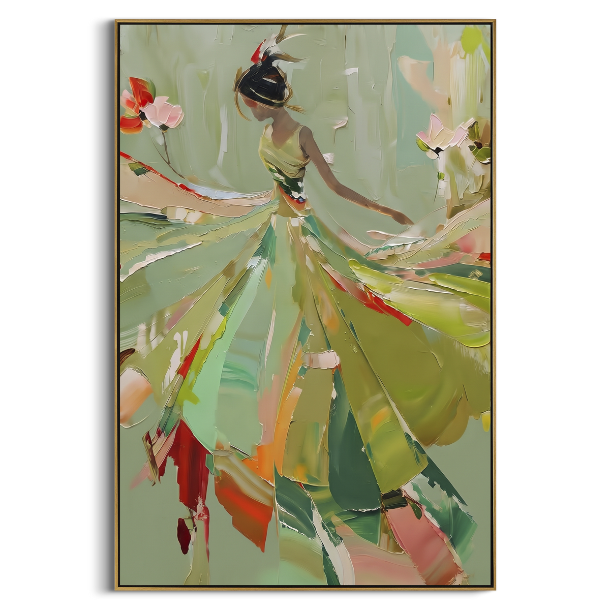 Colorful Sage Dress Figure focuses on a colorful dress figure moving through sage green with red and cream floral marks, using the sage green family as the main atmosphere while keeping the subject and composition specific to the actual main image. The visible details are described from the artwork itself: the placement of the main forms, the surrounding negative space, the relationship between pale highlights and deeper green or dark accents, and the direction of the brushwork across the