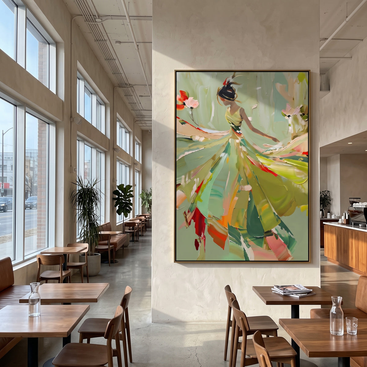 Colorful Sage Dress Figure focuses on a colorful dress figure moving through sage green with red and cream floral marks, using the sage green family as the main atmosphere while keeping the subject and composition specific to the actual main image. The visible details are described from the artwork itself: the placement of the main forms, the surrounding negative space, the relationship between pale highlights and deeper green or dark accents, and the direction of the brushwork across the