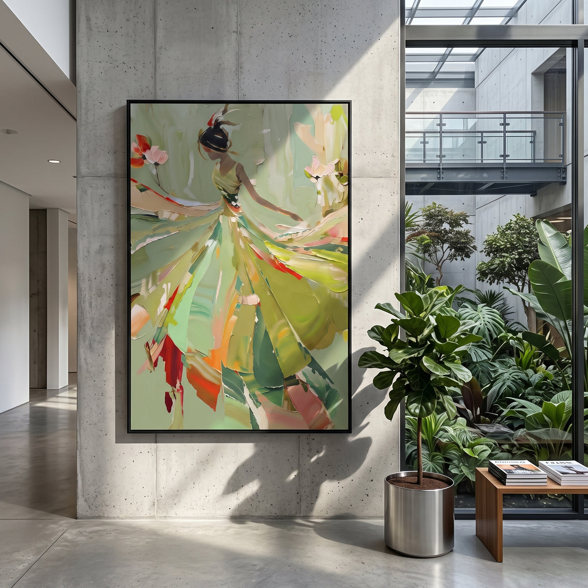 Colorful Sage Dress Figure focuses on a colorful dress figure moving through sage green with red and cream floral marks, using the sage green family as the main atmosphere while keeping the subject and composition specific to the actual main image. The visible details are described from the artwork itself: the placement of the main forms, the surrounding negative space, the relationship between pale highlights and deeper green or dark accents, and the direction of the brushwork across the