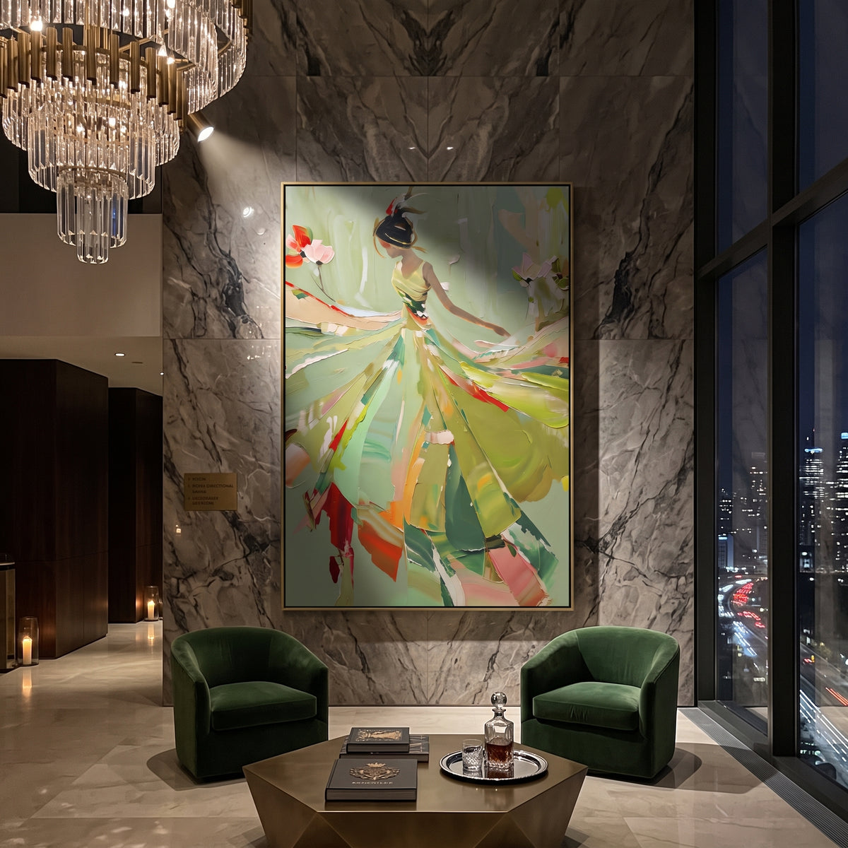 Colorful Sage Dress Figure focuses on a colorful dress figure moving through sage green with red and cream floral marks, using the sage green family as the main atmosphere while keeping the subject and composition specific to the actual main image. The visible details are described from the artwork itself: the placement of the main forms, the surrounding negative space, the relationship between pale highlights and deeper green or dark accents, and the direction of the brushwork across the