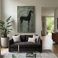 Black Horse Sage Still Life focuses on a black horse silhouette carrying wine glasses across a muted sage field, using the sage green family as the main atmosphere while keeping the subject and composition specific to the actual main image. The visible details are described from the artwork itself: the placement of the main forms, the surrounding negative space, the relationship between pale highlights and deeper green or dark accents, and the direction of the brushwork across the surface.