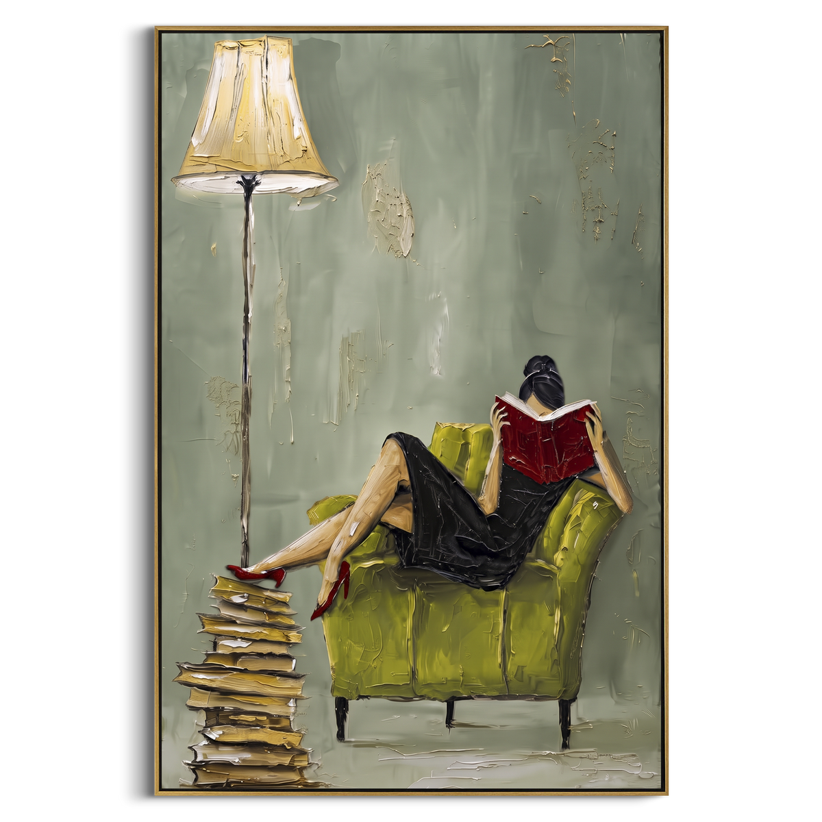 Reader Lamp Sage Interior focuses on a seated reader under a tall lamp beside stacked books on a sage interior wall, using the sage green family as the main atmosphere while keeping the subject and composition specific to the actual main image. The visible details are described from the artwork itself: the placement of the main forms, the surrounding negative space, the relationship between pale highlights and deeper green or dark accents, and the direction of the brushwork across the surface.
