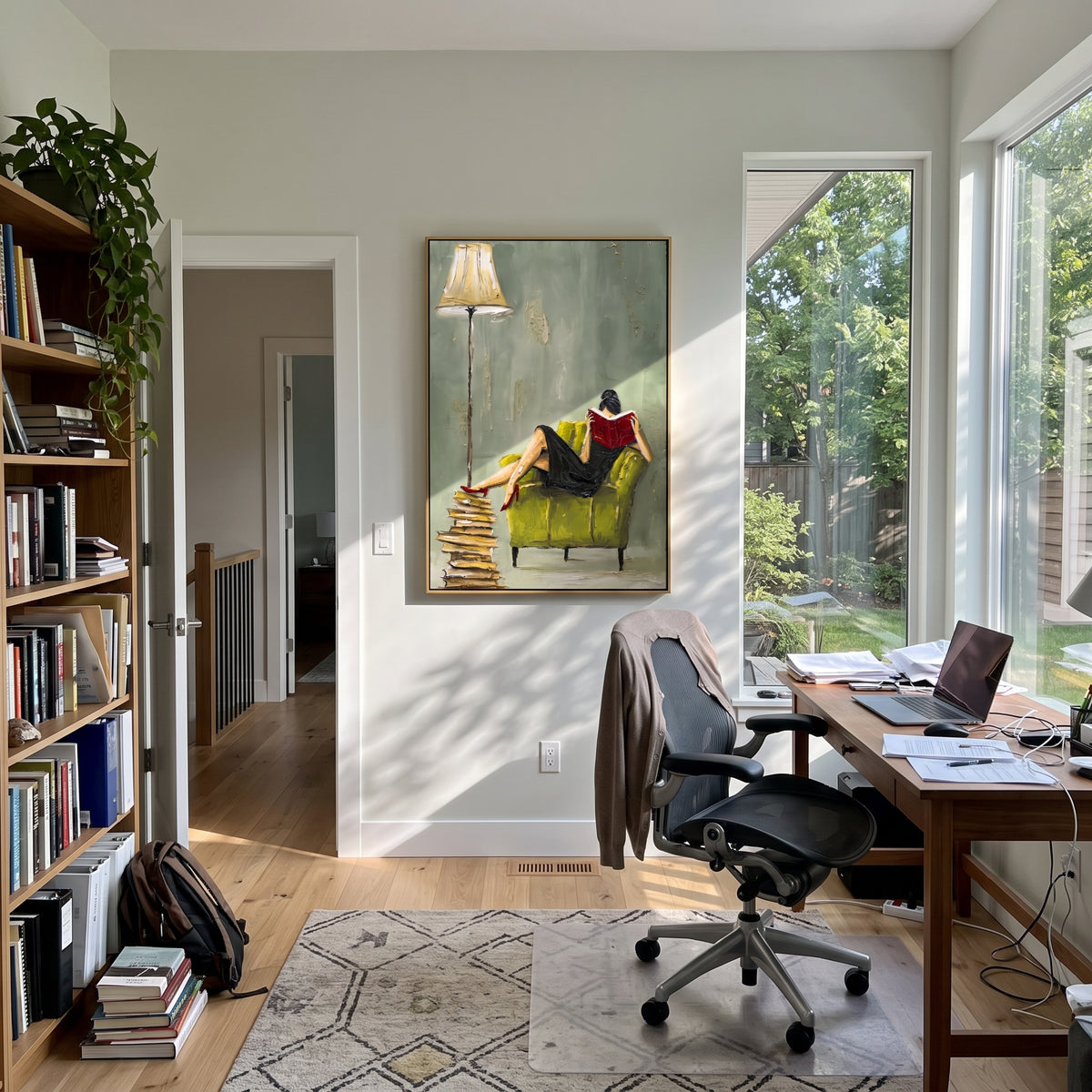 Reader Lamp Sage Interior focuses on a seated reader under a tall lamp beside stacked books on a sage interior wall, using the sage green family as the main atmosphere while keeping the subject and composition specific to the actual main image. The visible details are described from the artwork itself: the placement of the main forms, the surrounding negative space, the relationship between pale highlights and deeper green or dark accents, and the direction of the brushwork across the surface.