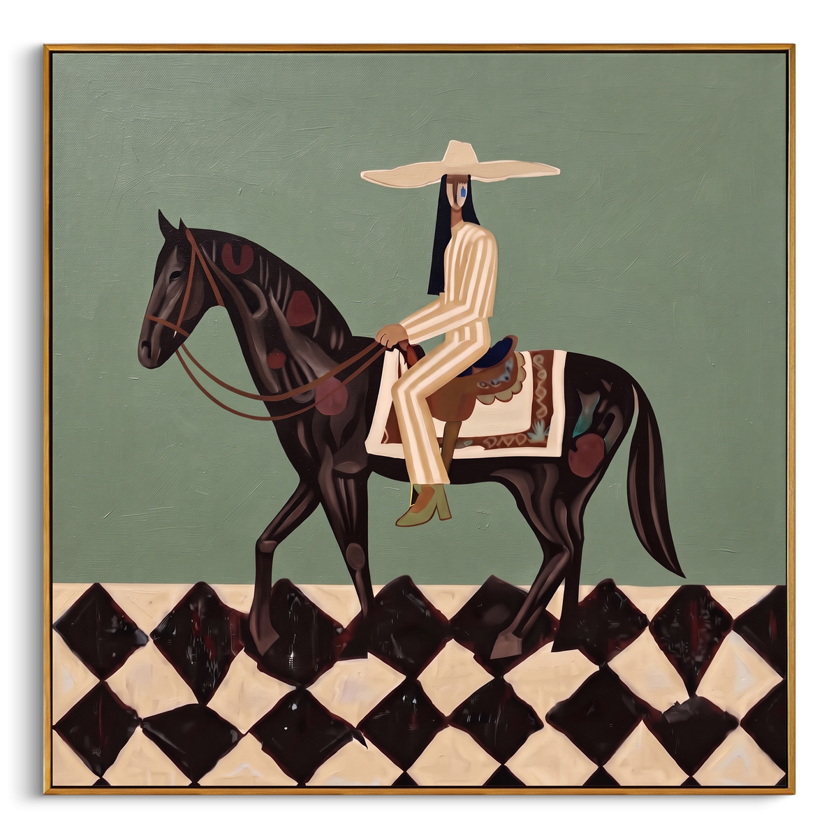 Rider Checkerboard Horse focuses on a rider on a dark horse above a bold black and white checkerboard floor, using the sage green family as the main atmosphere while keeping the subject and composition specific to the actual main image. The visible details are described from the artwork itself: the placement of the main forms, the surrounding negative space, the relationship between pale highlights and deeper green or dark accents, and the direction of the brushwork across the surface. Raised