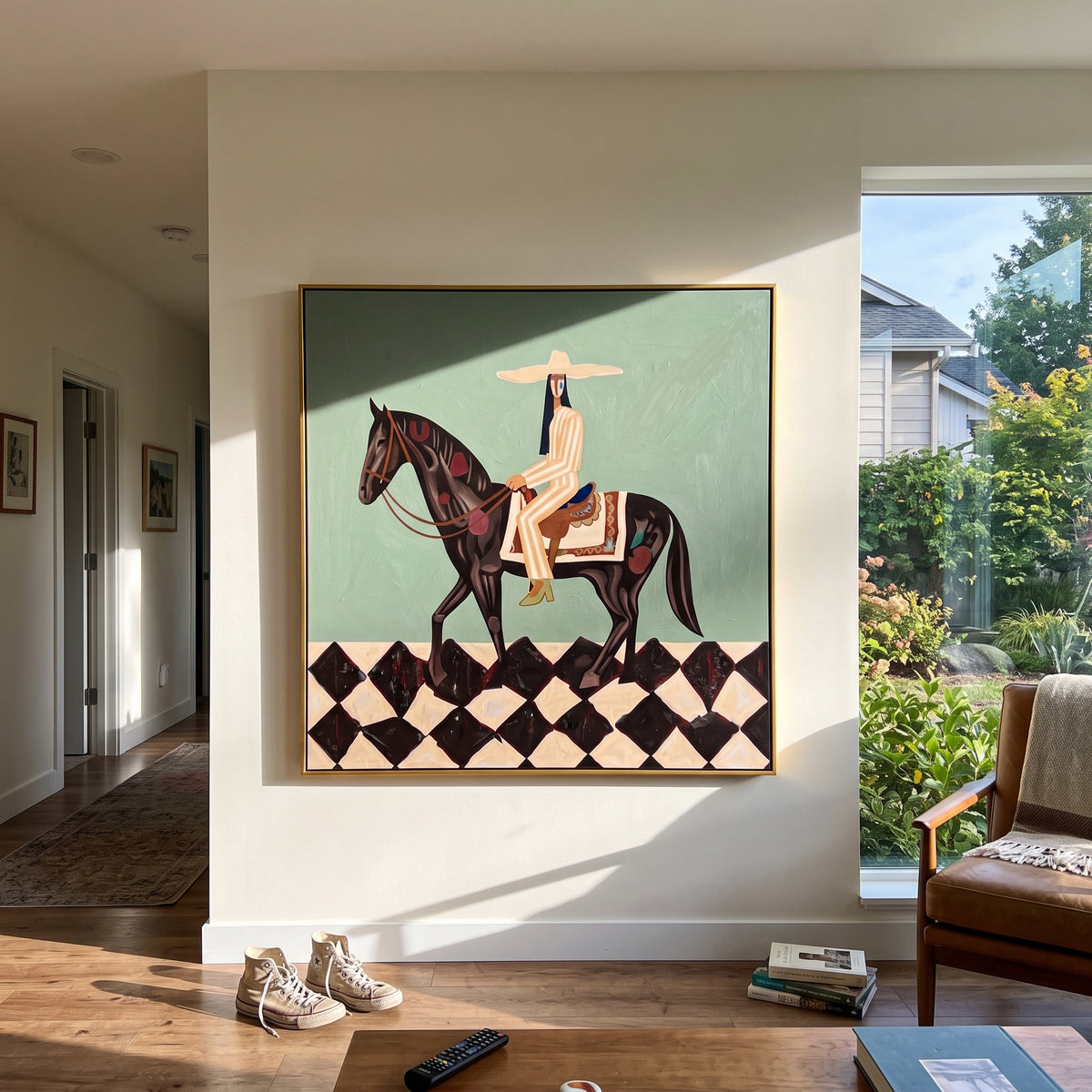 Rider Checkerboard Horse focuses on a rider on a dark horse above a bold black and white checkerboard floor, using the sage green family as the main atmosphere while keeping the subject and composition specific to the actual main image. The visible details are described from the artwork itself: the placement of the main forms, the surrounding negative space, the relationship between pale highlights and deeper green or dark accents, and the direction of the brushwork across the surface. Raised