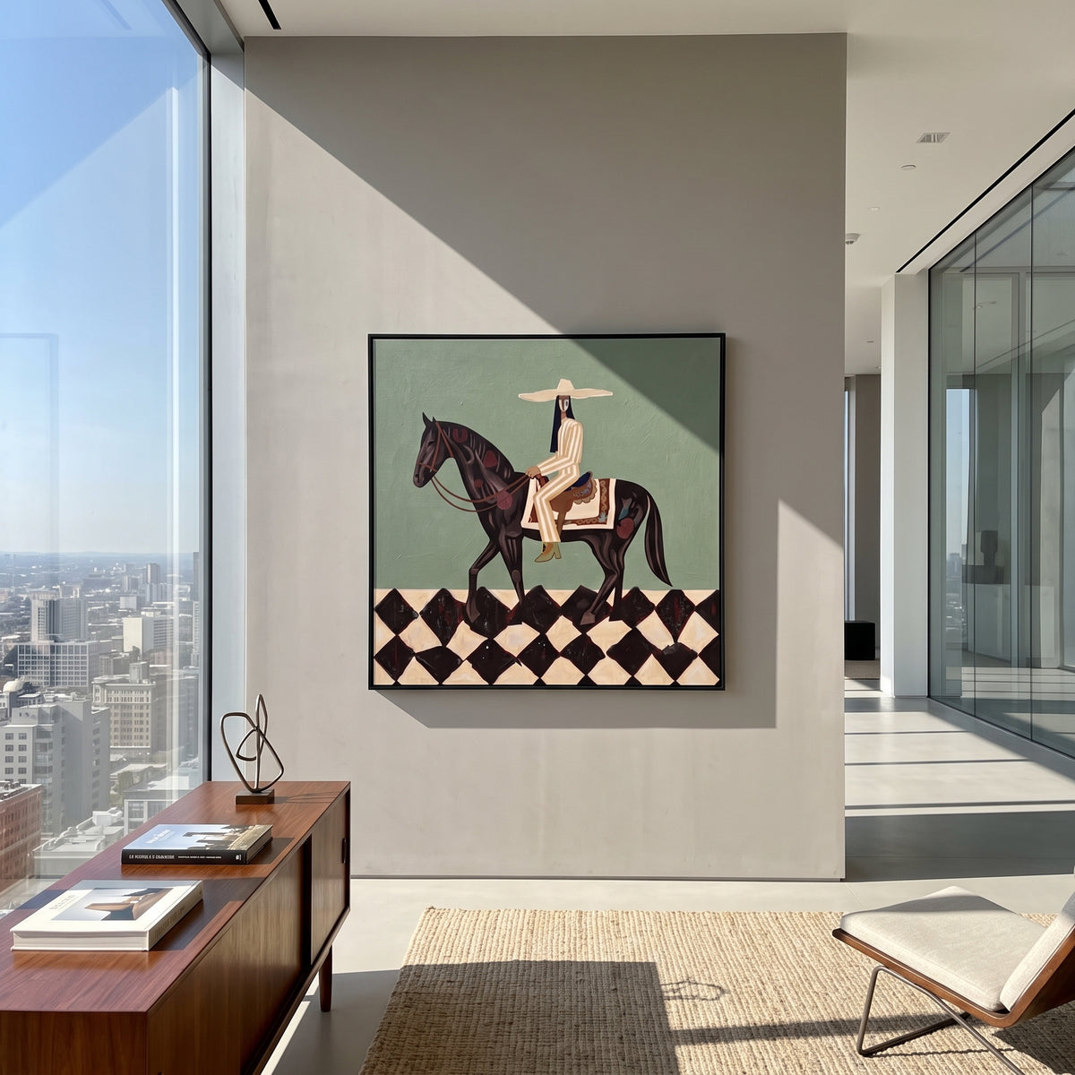 Rider Checkerboard Horse focuses on a rider on a dark horse above a bold black and white checkerboard floor, using the sage green family as the main atmosphere while keeping the subject and composition specific to the actual main image. The visible details are described from the artwork itself: the placement of the main forms, the surrounding negative space, the relationship between pale highlights and deeper green or dark accents, and the direction of the brushwork across the surface. Raised