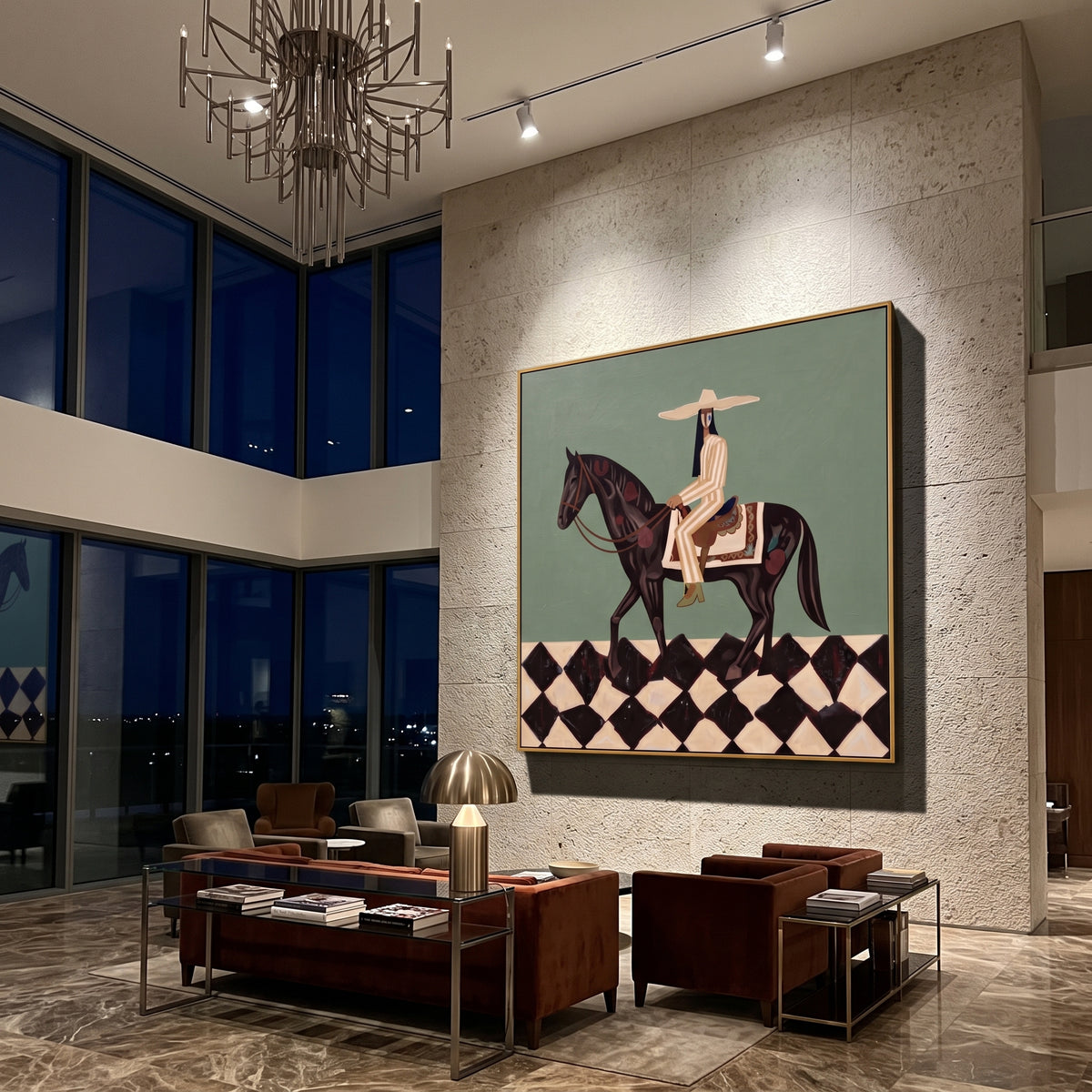 Rider Checkerboard Horse focuses on a rider on a dark horse above a bold black and white checkerboard floor, using the sage green family as the main atmosphere while keeping the subject and composition specific to the actual main image. The visible details are described from the artwork itself: the placement of the main forms, the surrounding negative space, the relationship between pale highlights and deeper green or dark accents, and the direction of the brushwork across the surface. Raised