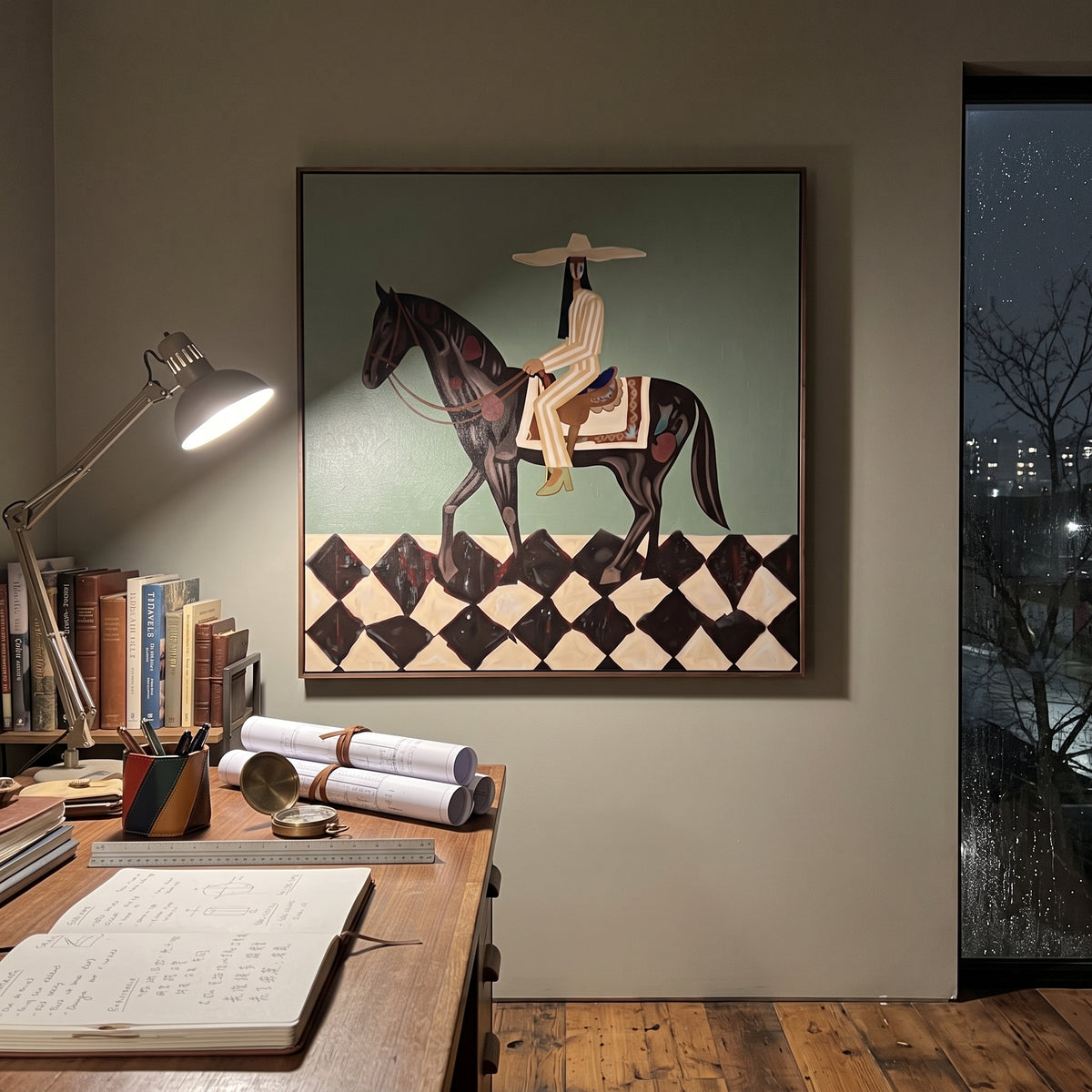 Rider Checkerboard Horse focuses on a rider on a dark horse above a bold black and white checkerboard floor, using the sage green family as the main atmosphere while keeping the subject and composition specific to the actual main image. The visible details are described from the artwork itself: the placement of the main forms, the surrounding negative space, the relationship between pale highlights and deeper green or dark accents, and the direction of the brushwork across the surface. Raised