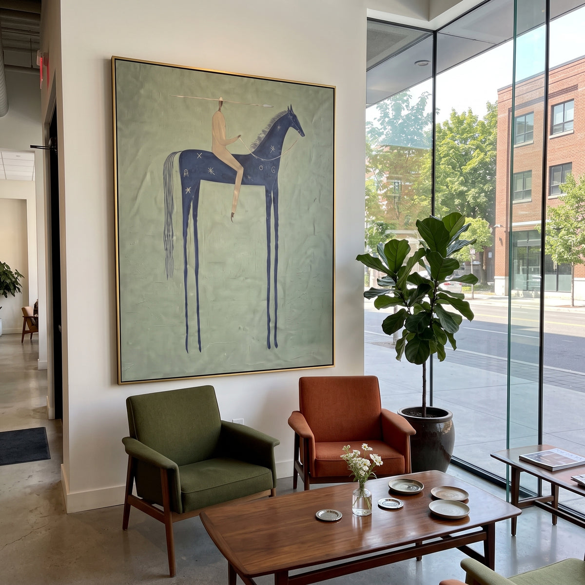 Blue Horse Sage Rider focuses on a blue horse with a small rider standing over a muted sage green ground, using the sage green family as the main atmosphere while keeping the subject and composition specific to the actual main image. The visible details are described from the artwork itself: the placement of the main forms, the surrounding negative space, the relationship between pale highlights and deeper green or dark accents, and the direction of the brushwork across the surface. Raised