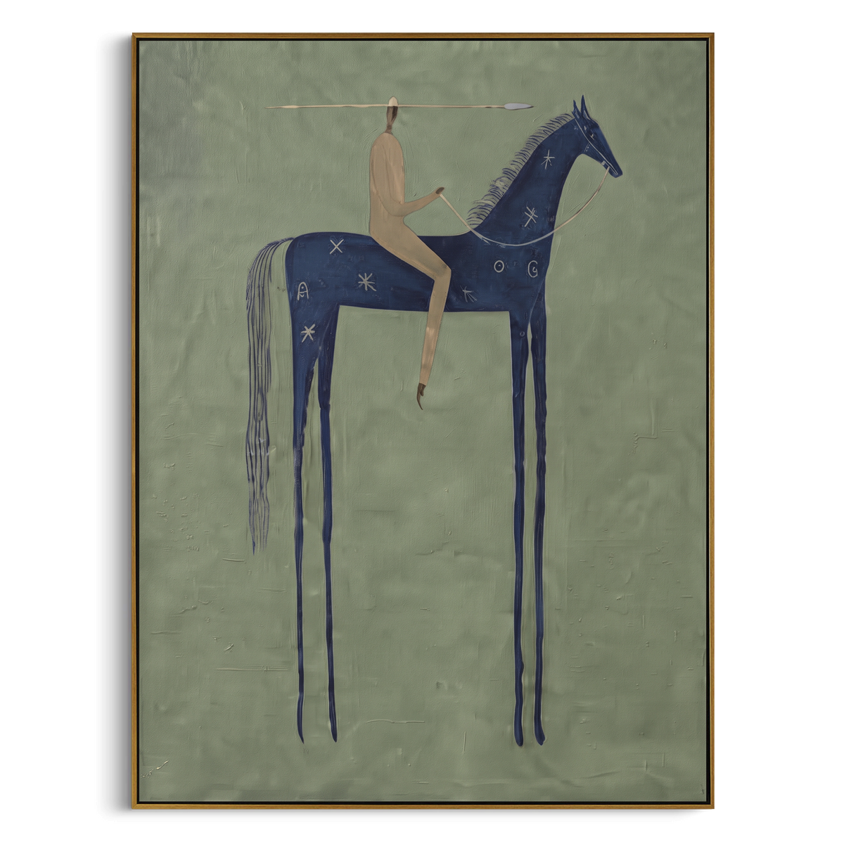 "Blue Horse Sage Rider" - Modern Heavy Impasto Western Animal Artwork | Green & Blue Palette Knife Painting | Luxury Vertical Wall Art #PT 2127