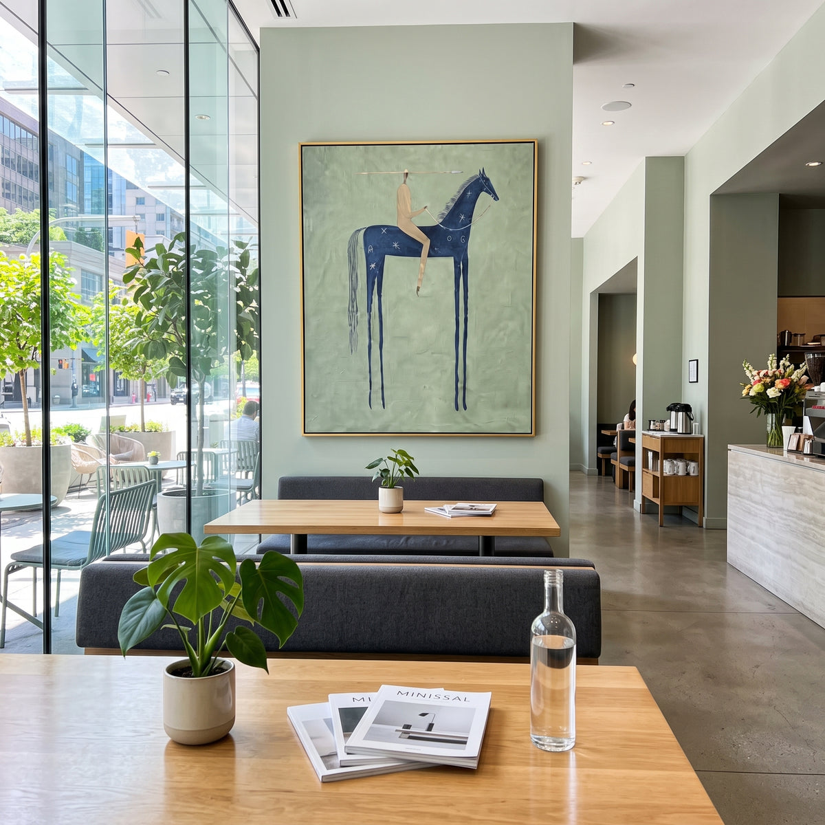 Blue Horse Sage Rider focuses on a blue horse with a small rider standing over a muted sage green ground, using the sage green family as the main atmosphere while keeping the subject and composition specific to the actual main image. The visible details are described from the artwork itself: the placement of the main forms, the surrounding negative space, the relationship between pale highlights and deeper green or dark accents, and the direction of the brushwork across the surface. Raised