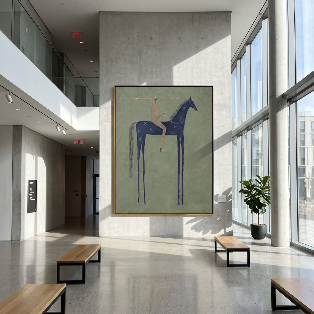 Blue Horse Sage Rider focuses on a blue horse with a small rider standing over a muted sage green ground, using the sage green family as the main atmosphere while keeping the subject and composition specific to the actual main image. The visible details are described from the artwork itself: the placement of the main forms, the surrounding negative space, the relationship between pale highlights and deeper green or dark accents, and the direction of the brushwork across the surface. Raised