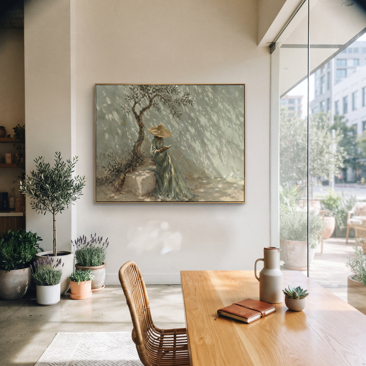 Seated Woman Under Olive Tree focuses on a seated woman in a wide hat beneath an olive tree with dappled sage light, using the sage green family as the main atmosphere while keeping the subject and composition specific to the actual main image. The visible details are described from the artwork itself: the placement of the main forms, the surrounding negative space, the relationship between pale highlights and deeper green or dark accents, and the direction of the brushwork across the surface.
