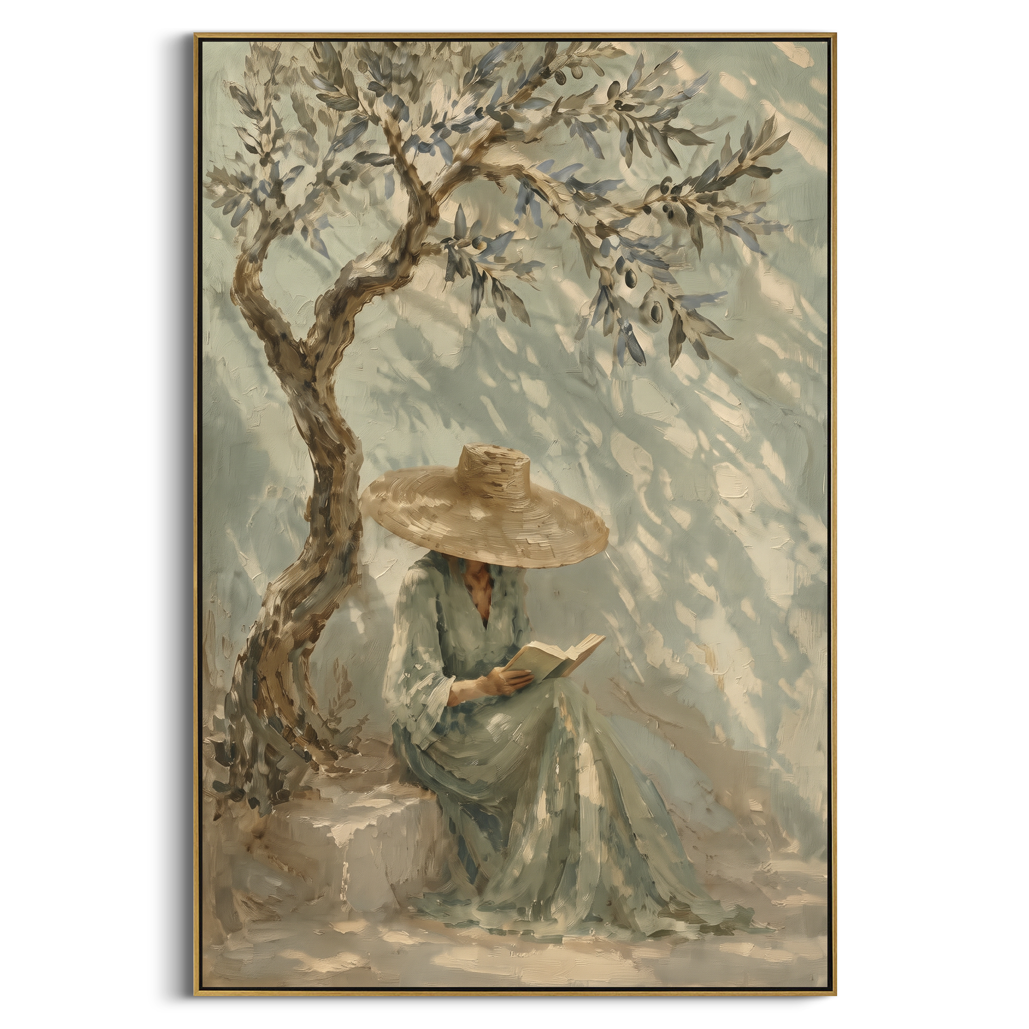 Reading Woman Olive Tree focuses on a reading woman under a textured olive tree with pale sage shadows, using the sage green family as the main atmosphere while keeping the subject and composition specific to the actual main image. The visible details are described from the artwork itself: the placement of the main forms, the surrounding negative space, the relationship between pale highlights and deeper green or dark accents, and the direction of the brushwork across the surface. Raised
