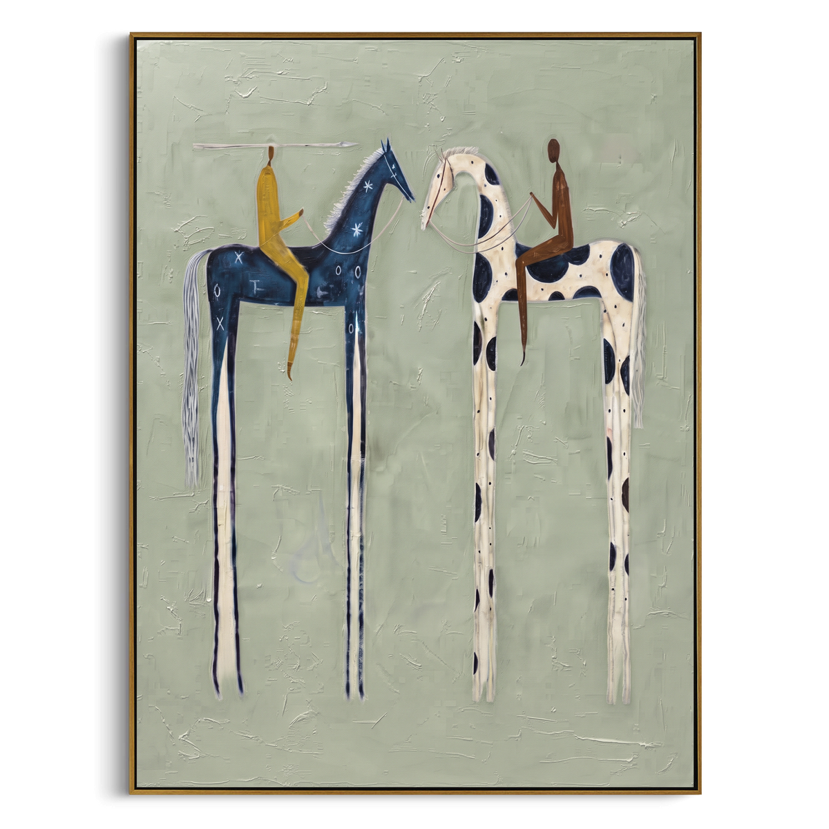 Blue Horse Pair Sage focuses on two tall blue and white horses with riders on a quiet sage green ground, using the sage green family as the main atmosphere while keeping the subject and composition specific to the actual main image. The visible details are described from the artwork itself: the placement of the main forms, the surrounding negative space, the relationship between pale highlights and deeper green or dark accents, and the direction of the brushwork across the surface. Raised