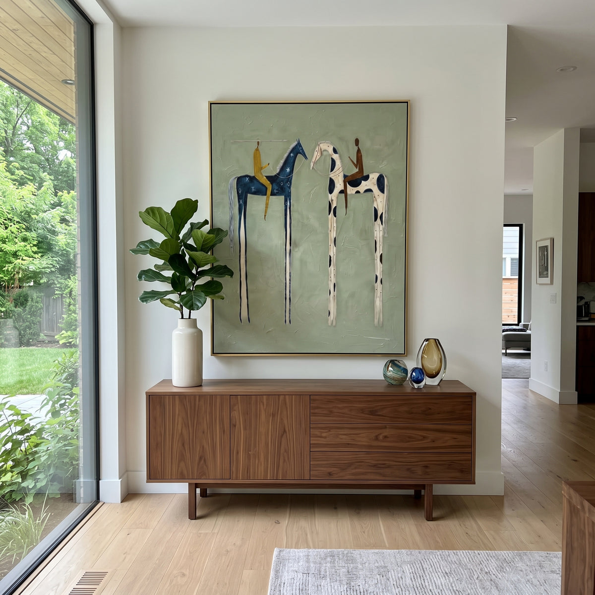 Blue Horse Pair Sage focuses on two tall blue and white horses with riders on a quiet sage green ground, using the sage green family as the main atmosphere while keeping the subject and composition specific to the actual main image. The visible details are described from the artwork itself: the placement of the main forms, the surrounding negative space, the relationship between pale highlights and deeper green or dark accents, and the direction of the brushwork across the surface. Raised
