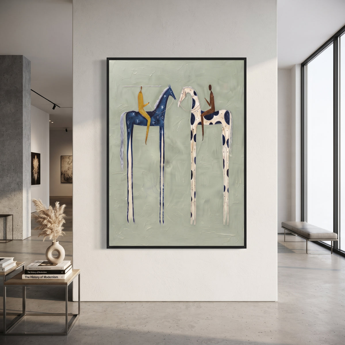 Blue Horse Pair Sage focuses on two tall blue and white horses with riders on a quiet sage green ground, using the sage green family as the main atmosphere while keeping the subject and composition specific to the actual main image. The visible details are described from the artwork itself: the placement of the main forms, the surrounding negative space, the relationship between pale highlights and deeper green or dark accents, and the direction of the brushwork across the surface. Raised