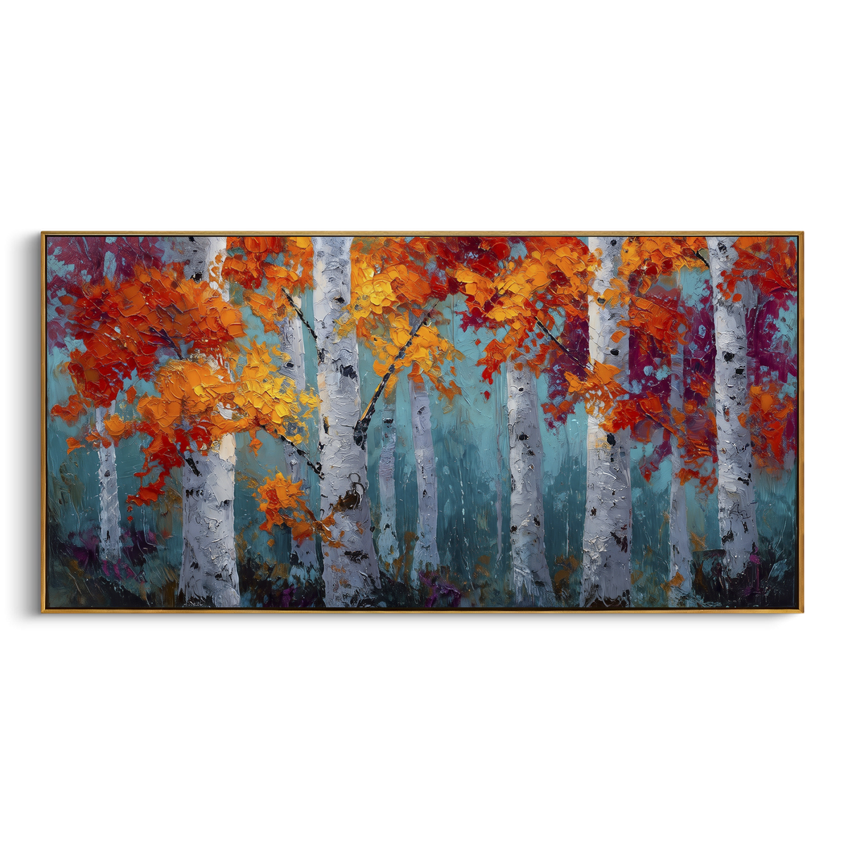 ARTWORK DETAILS Crimson Gold Birch Forest Painting is built from the actual artwork image: red and gold leaves layered around pale birch trunks. The composition uses raised texture to separate tree trunks, leaf masses, ground movement, and soft background atmosphere, so the surface reads with real hand-painted depth from different viewing angles. The color direction is red, yellow, white, chosen to keep the autumn mood warm while still leaving enough pale air and cool contrast for modern