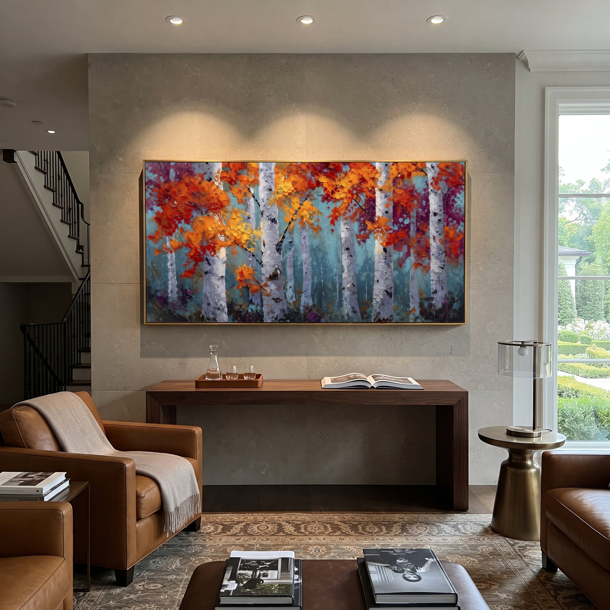 ARTWORK DETAILS Crimson Gold Birch Forest Painting is built from the actual artwork image: red and gold leaves layered around pale birch trunks. The composition uses raised texture to separate tree trunks, leaf masses, ground movement, and soft background atmosphere, so the surface reads with real hand-painted depth from different viewing angles. The color direction is red, yellow, white, chosen to keep the autumn mood warm while still leaving enough pale air and cool contrast for modern