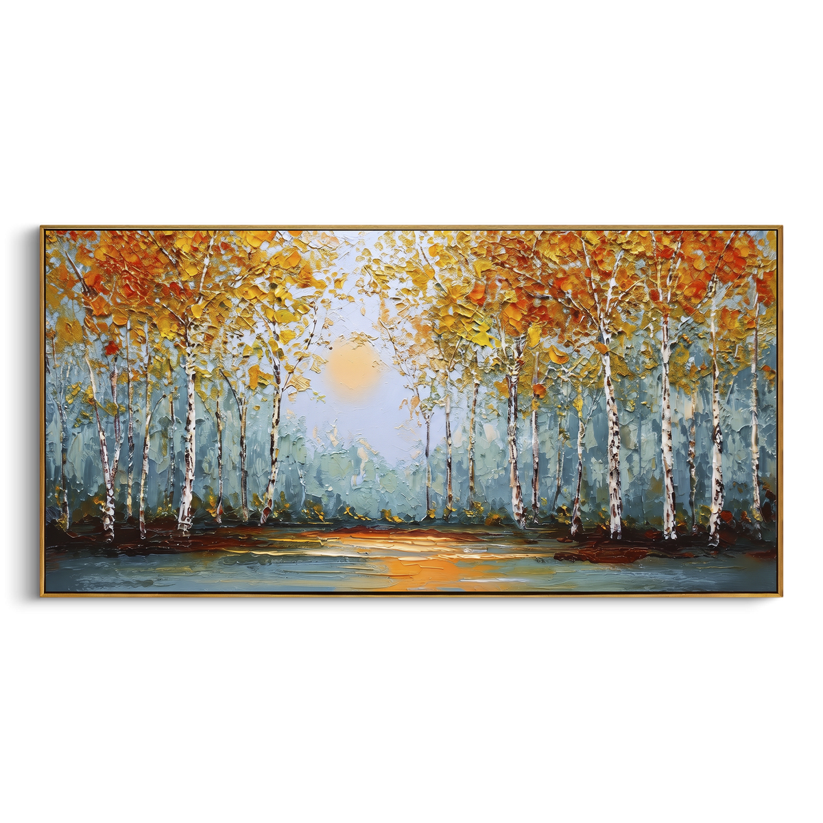 ARTWORK DETAILS Autumn Birch Lake Glow Painting is built from the actual artwork image: low lake reflection and pale sun behind a birch shoreline. The composition uses raised texture to separate tree trunks, leaf masses, ground movement, and soft background atmosphere, so the surface reads with real hand-painted depth from different viewing angles. The color direction is yellow, white, blue, chosen to keep the autumn mood warm while still leaving enough pale air and cool contrast for modern