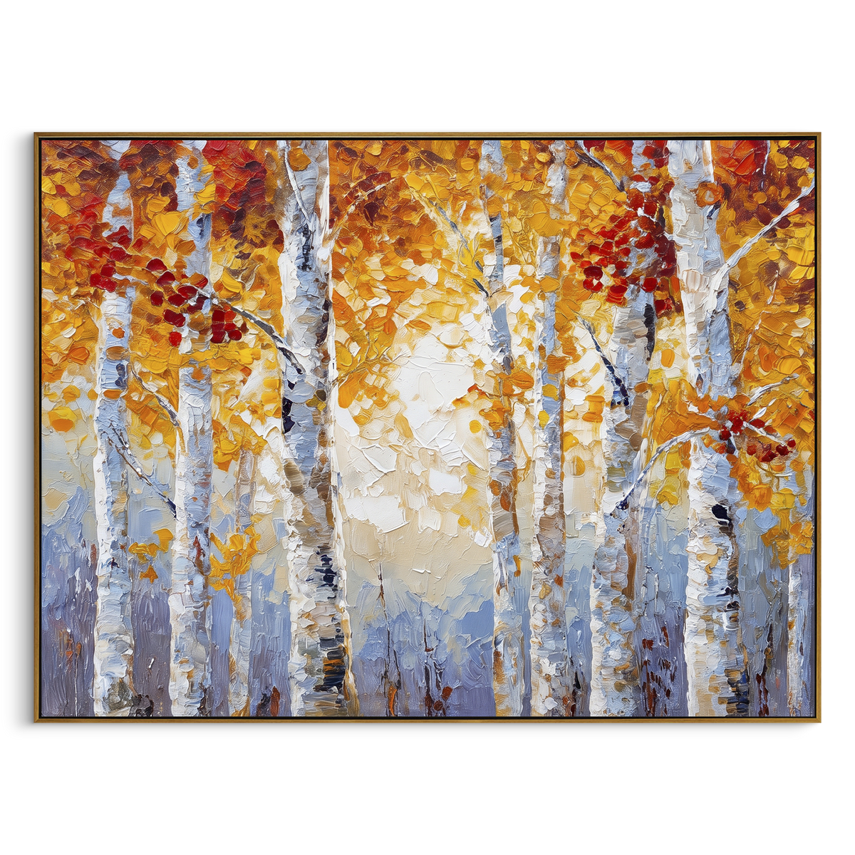 ARTWORK DETAILS Tall Golden Birch Light Painting is built from the actual artwork image: close vertical birch trunks rising through warm gold leaves. The composition uses raised texture to separate tree trunks, leaf masses, ground movement, and soft background atmosphere, so the surface reads with real hand-painted depth from different viewing angles. The color direction is yellow, white, gray, chosen to keep the autumn mood warm while still leaving enough pale air and cool contrast for modern
