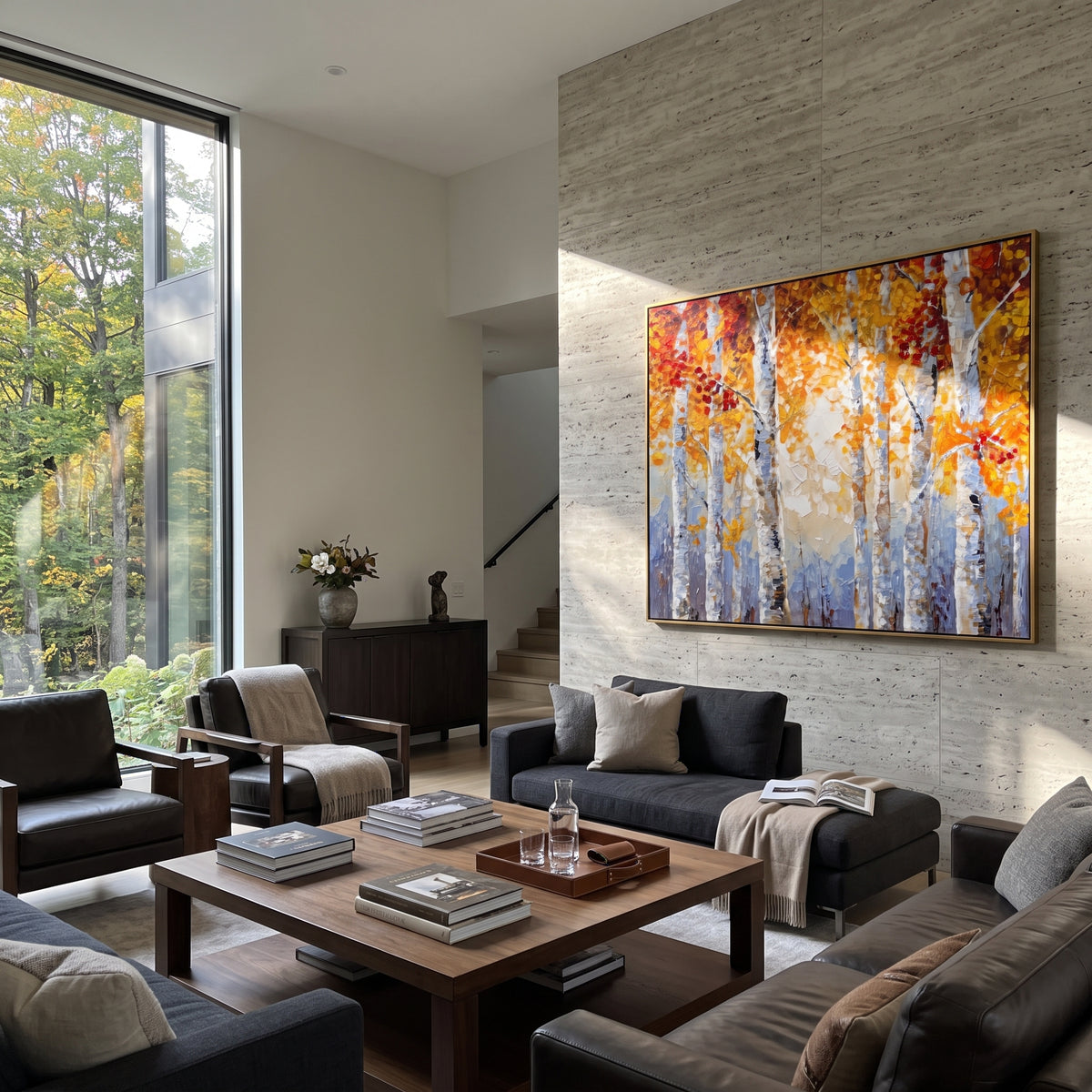 ARTWORK DETAILS Tall Golden Birch Light Painting is built from the actual artwork image: close vertical birch trunks rising through warm gold leaves. The composition uses raised texture to separate tree trunks, leaf masses, ground movement, and soft background atmosphere, so the surface reads with real hand-painted depth from different viewing angles. The color direction is yellow, white, gray, chosen to keep the autumn mood warm while still leaving enough pale air and cool contrast for modern