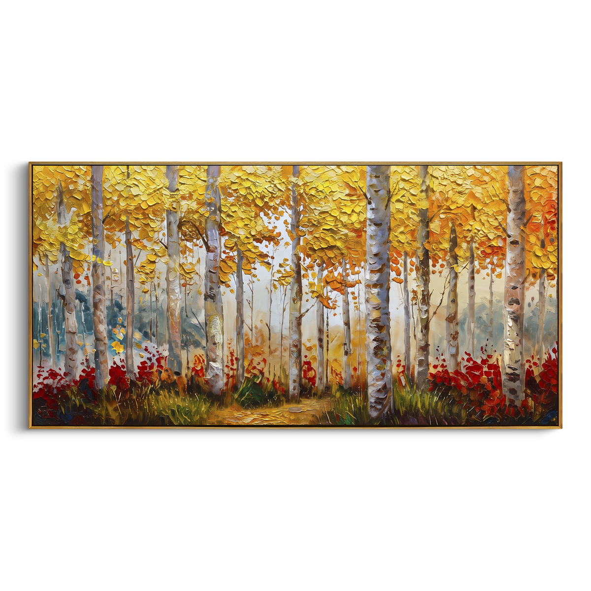 ARTWORK DETAILS Birch Meadow Red Blooms Painting is built from the actual artwork image: white birch meadow with red ground flowers and warm foliage. The composition uses raised texture to separate tree trunks, leaf masses, ground movement, and soft background atmosphere, so the surface reads with real hand-painted depth from different viewing angles. The color direction is yellow, red, white, chosen to keep the autumn mood warm while still leaving enough pale air and cool contrast for modern