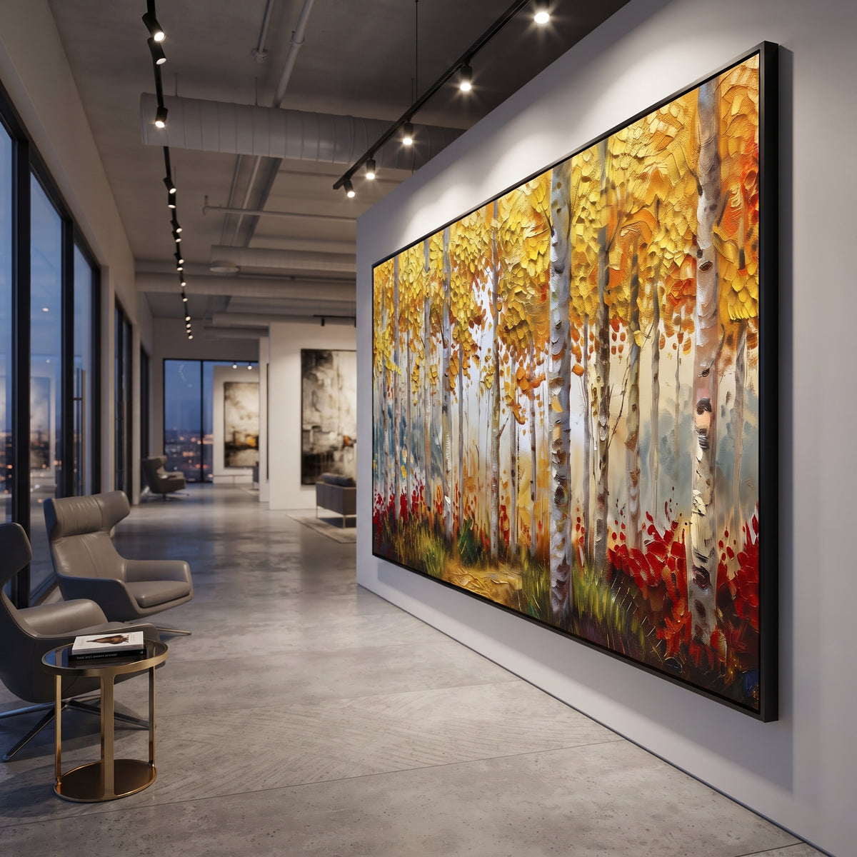 ARTWORK DETAILS Birch Meadow Red Blooms Painting is built from the actual artwork image: white birch meadow with red ground flowers and warm foliage. The composition uses raised texture to separate tree trunks, leaf masses, ground movement, and soft background atmosphere, so the surface reads with real hand-painted depth from different viewing angles. The color direction is yellow, red, white, chosen to keep the autumn mood warm while still leaving enough pale air and cool contrast for modern