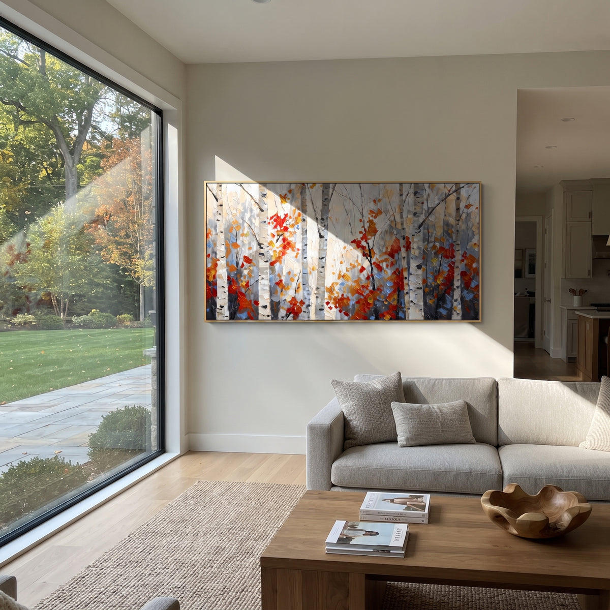 ARTWORK DETAILS Sparse Birch Red Leaf Painting is built from the actual artwork image: quiet white birch stand with scattered red orange leaves. The composition uses raised texture to separate tree trunks, leaf masses, ground movement, and soft background atmosphere, so the surface reads with real hand-painted depth from different viewing angles. The color direction is white, red, gray, chosen to keep the autumn mood warm while still leaving enough pale air and cool contrast for modern