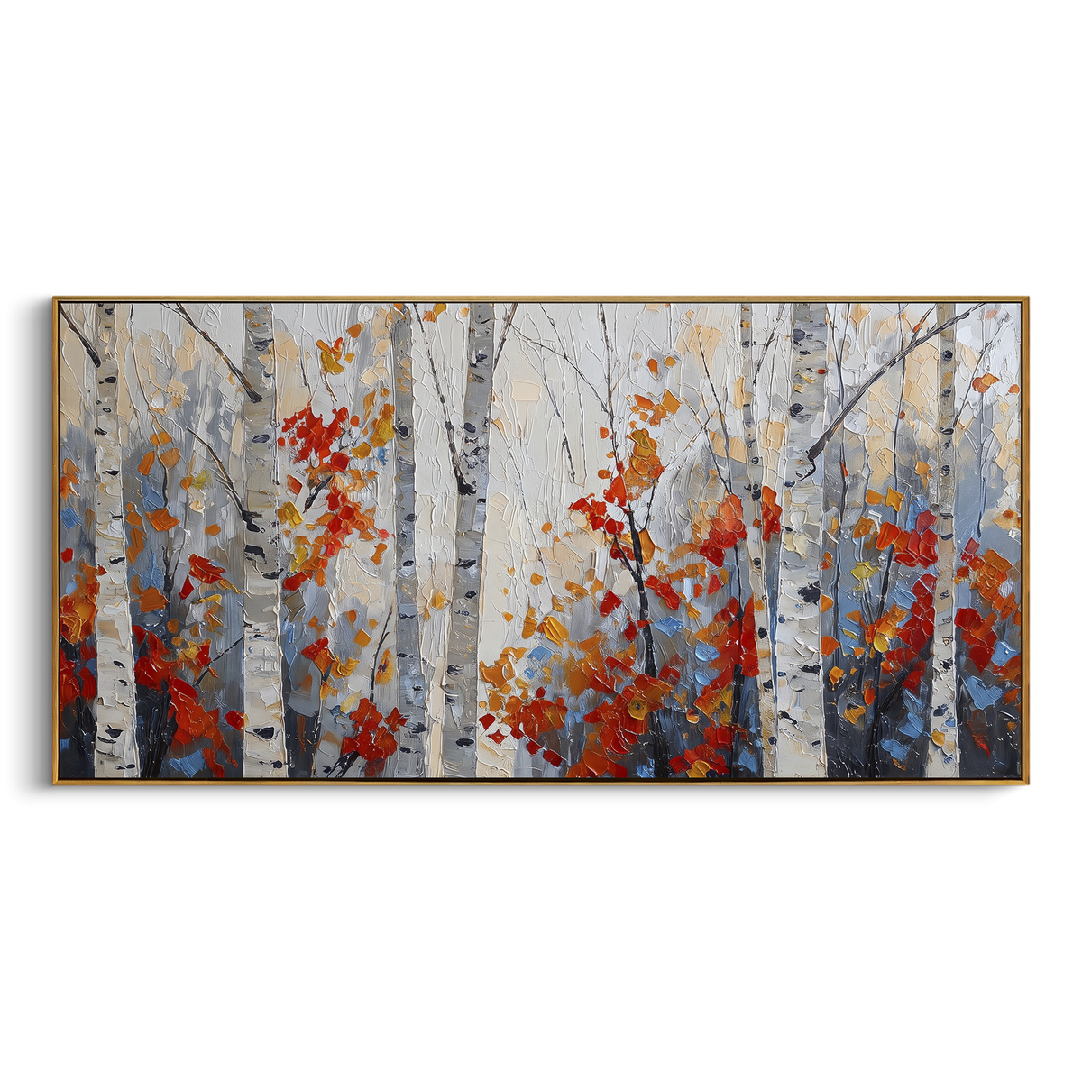 ARTWORK DETAILS Sparse Birch Red Leaf Painting is built from the actual artwork image: quiet white birch stand with scattered red orange leaves. The composition uses raised texture to separate tree trunks, leaf masses, ground movement, and soft background atmosphere, so the surface reads with real hand-painted depth from different viewing angles. The color direction is white, red, gray, chosen to keep the autumn mood warm while still leaving enough pale air and cool contrast for modern