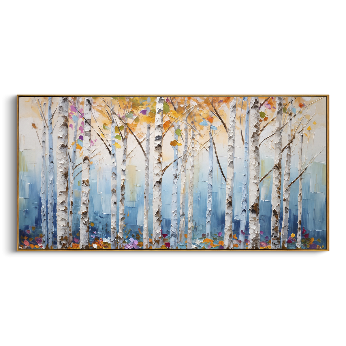 ARTWORK DETAILS Blue Mist White Birch Painting is built from the actual artwork image: white birch trunks set against a soft blue mist field. The composition uses raised texture to separate tree trunks, leaf masses, ground movement, and soft background atmosphere, so the surface reads with real hand-painted depth from different viewing angles. The color direction is white, blue, yellow, chosen to keep the autumn mood warm while still leaving enough pale air and cool contrast for modern