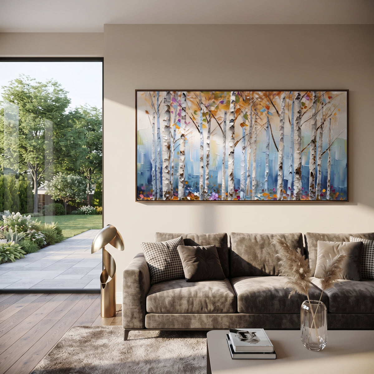 ARTWORK DETAILS Blue Mist White Birch Painting is built from the actual artwork image: white birch trunks set against a soft blue mist field. The composition uses raised texture to separate tree trunks, leaf masses, ground movement, and soft background atmosphere, so the surface reads with real hand-painted depth from different viewing angles. The color direction is white, blue, yellow, chosen to keep the autumn mood warm while still leaving enough pale air and cool contrast for modern