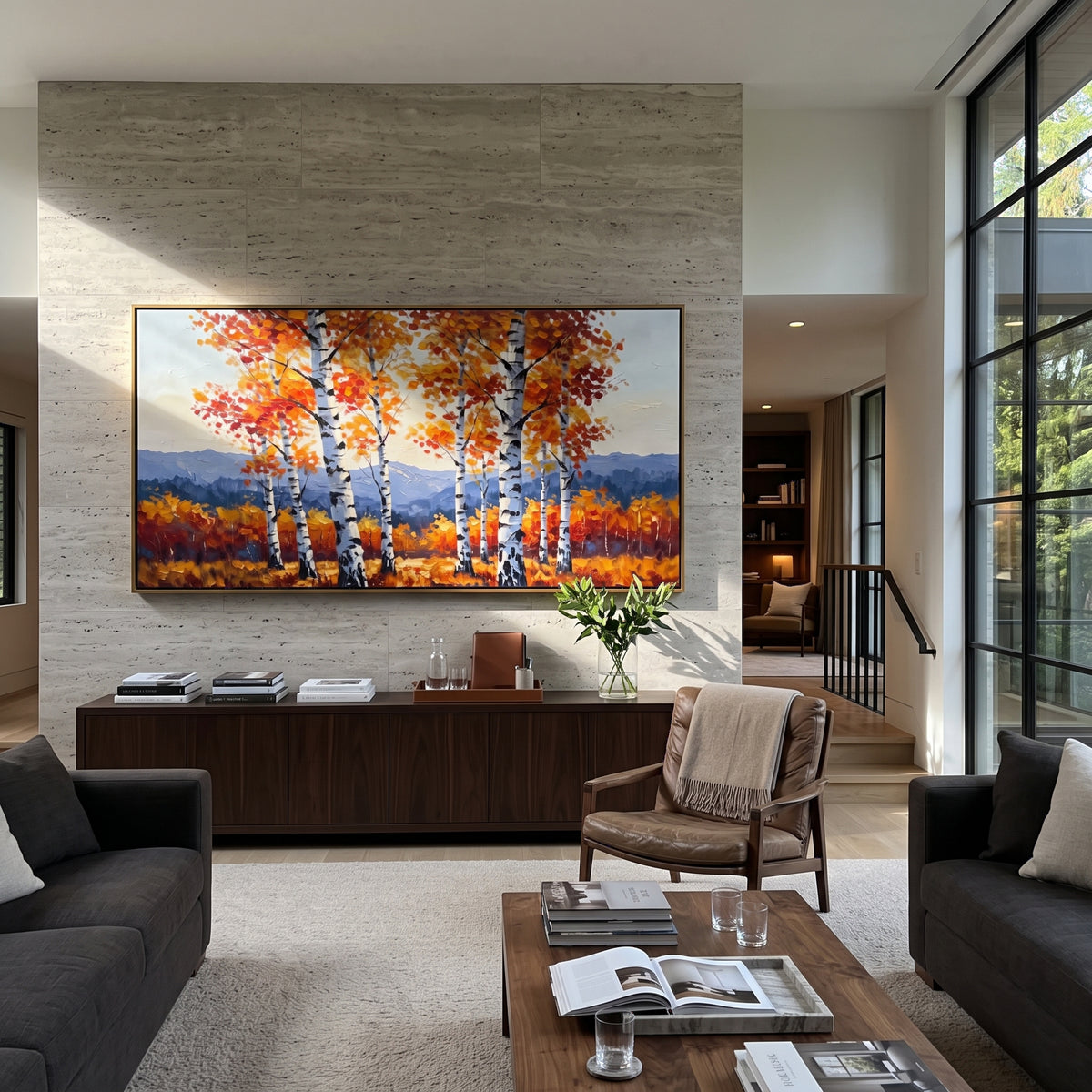 ARTWORK DETAILS Birch Ridge Mountain Painting is built from the actual artwork image: small birch group before blue mountain ridges and rust meadow. The composition uses raised texture to separate tree trunks, leaf masses, ground movement, and soft background atmosphere, so the surface reads with real hand-painted depth from different viewing angles. The color direction is orange, white, blue, chosen to keep the autumn mood warm while still leaving enough pale air and cool contrast for modern