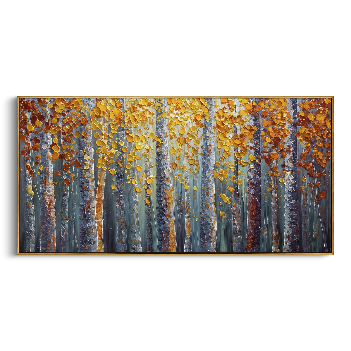 ARTWORK DETAILS Gold Leaf Birch Curtain Painting is built from the actual artwork image: vertical yellow leaf curtain falling through blue gray woods. The composition uses raised texture to separate tree trunks, leaf masses, ground movement, and soft background atmosphere, so the surface reads with real hand-painted depth from different viewing angles. The color direction is yellow, gray, blue, chosen to keep the autumn mood warm while still leaving enough pale air and cool contrast for modern