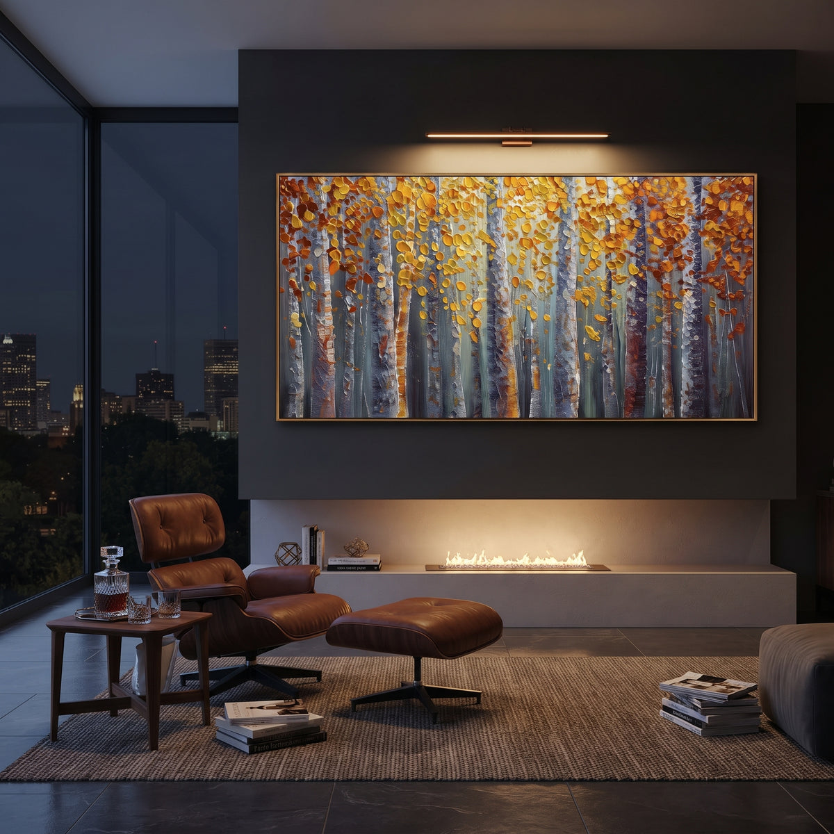 ARTWORK DETAILS Gold Leaf Birch Curtain Painting is built from the actual artwork image: vertical yellow leaf curtain falling through blue gray woods. The composition uses raised texture to separate tree trunks, leaf masses, ground movement, and soft background atmosphere, so the surface reads with real hand-painted depth from different viewing angles. The color direction is yellow, gray, blue, chosen to keep the autumn mood warm while still leaving enough pale air and cool contrast for modern