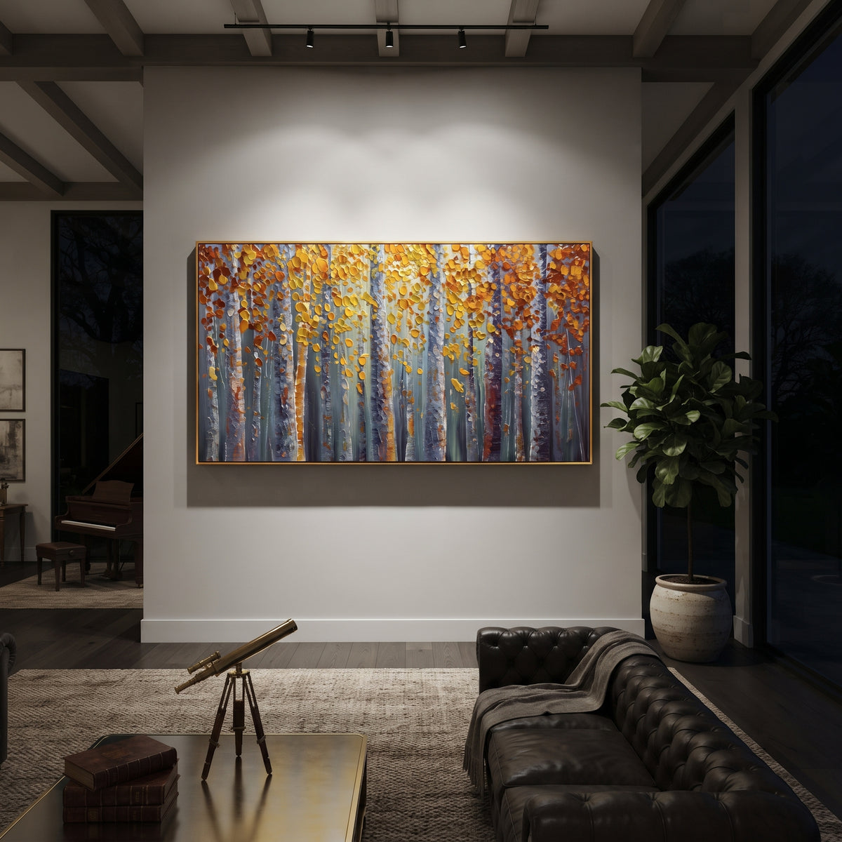 ARTWORK DETAILS Gold Leaf Birch Curtain Painting is built from the actual artwork image: vertical yellow leaf curtain falling through blue gray woods. The composition uses raised texture to separate tree trunks, leaf masses, ground movement, and soft background atmosphere, so the surface reads with real hand-painted depth from different viewing angles. The color direction is yellow, gray, blue, chosen to keep the autumn mood warm while still leaving enough pale air and cool contrast for modern