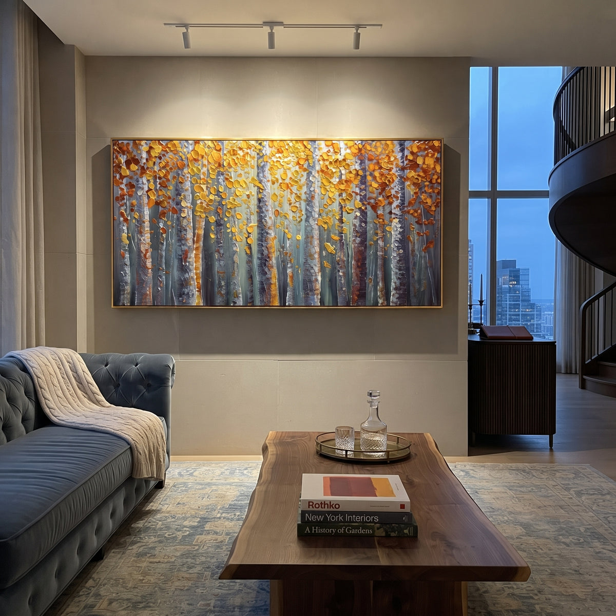 ARTWORK DETAILS Gold Leaf Birch Curtain Painting is built from the actual artwork image: vertical yellow leaf curtain falling through blue gray woods. The composition uses raised texture to separate tree trunks, leaf masses, ground movement, and soft background atmosphere, so the surface reads with real hand-painted depth from different viewing angles. The color direction is yellow, gray, blue, chosen to keep the autumn mood warm while still leaving enough pale air and cool contrast for modern