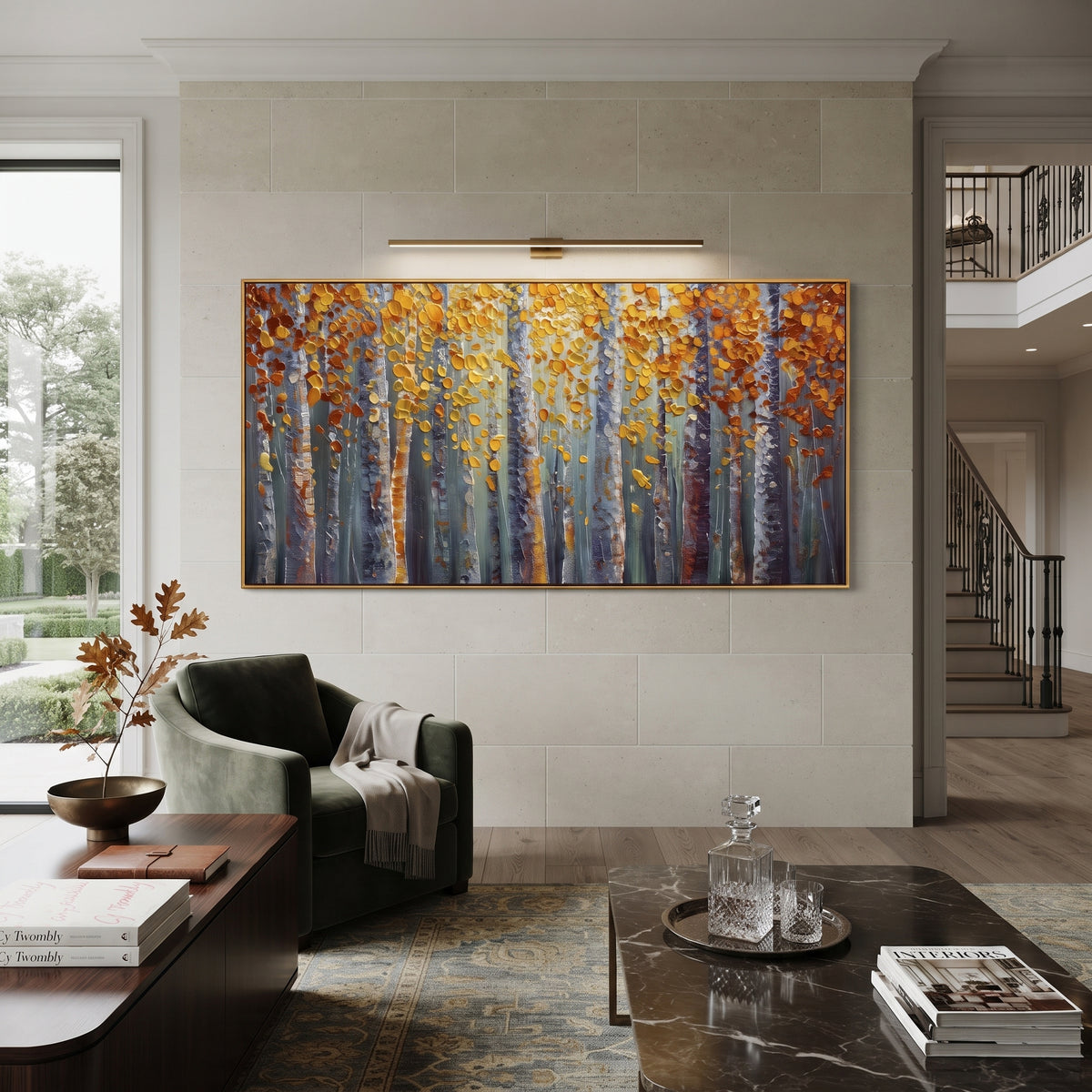 ARTWORK DETAILS Gold Leaf Birch Curtain Painting is built from the actual artwork image: vertical yellow leaf curtain falling through blue gray woods. The composition uses raised texture to separate tree trunks, leaf masses, ground movement, and soft background atmosphere, so the surface reads with real hand-painted depth from different viewing angles. The color direction is yellow, gray, blue, chosen to keep the autumn mood warm while still leaving enough pale air and cool contrast for modern