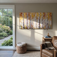 ARTWORK DETAILS Ivory Birch Gold Field Painting is built from the actual artwork image: bright white birch trunks with a restrained gold leaf field. The composition uses raised texture to separate tree trunks, leaf masses, ground movement, and soft background atmosphere, so the surface reads with real hand-painted depth from different viewing angles. The color direction is white, yellow, beige, chosen to keep the autumn mood warm while still leaving enough pale air and cool contrast for modern