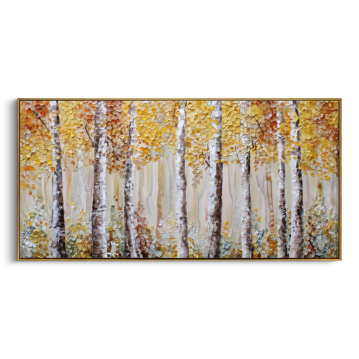 ARTWORK DETAILS Ivory Birch Gold Field Painting is built from the actual artwork image: bright white birch trunks with a restrained gold leaf field. The composition uses raised texture to separate tree trunks, leaf masses, ground movement, and soft background atmosphere, so the surface reads with real hand-painted depth from different viewing angles. The color direction is white, yellow, beige, chosen to keep the autumn mood warm while still leaving enough pale air and cool contrast for modern