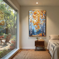 ARTWORK DETAILS Falling Leaves Birch Path Painting is built from the actual artwork image: tall birch path covered with falling orange leaves. The composition uses raised texture to separate tree trunks, leaf masses, ground movement, and soft background atmosphere, so the surface reads with real hand-painted depth from different viewing angles. The color direction is orange, yellow, blue, chosen to keep the autumn mood warm while still leaving enough pale air and cool contrast for modern