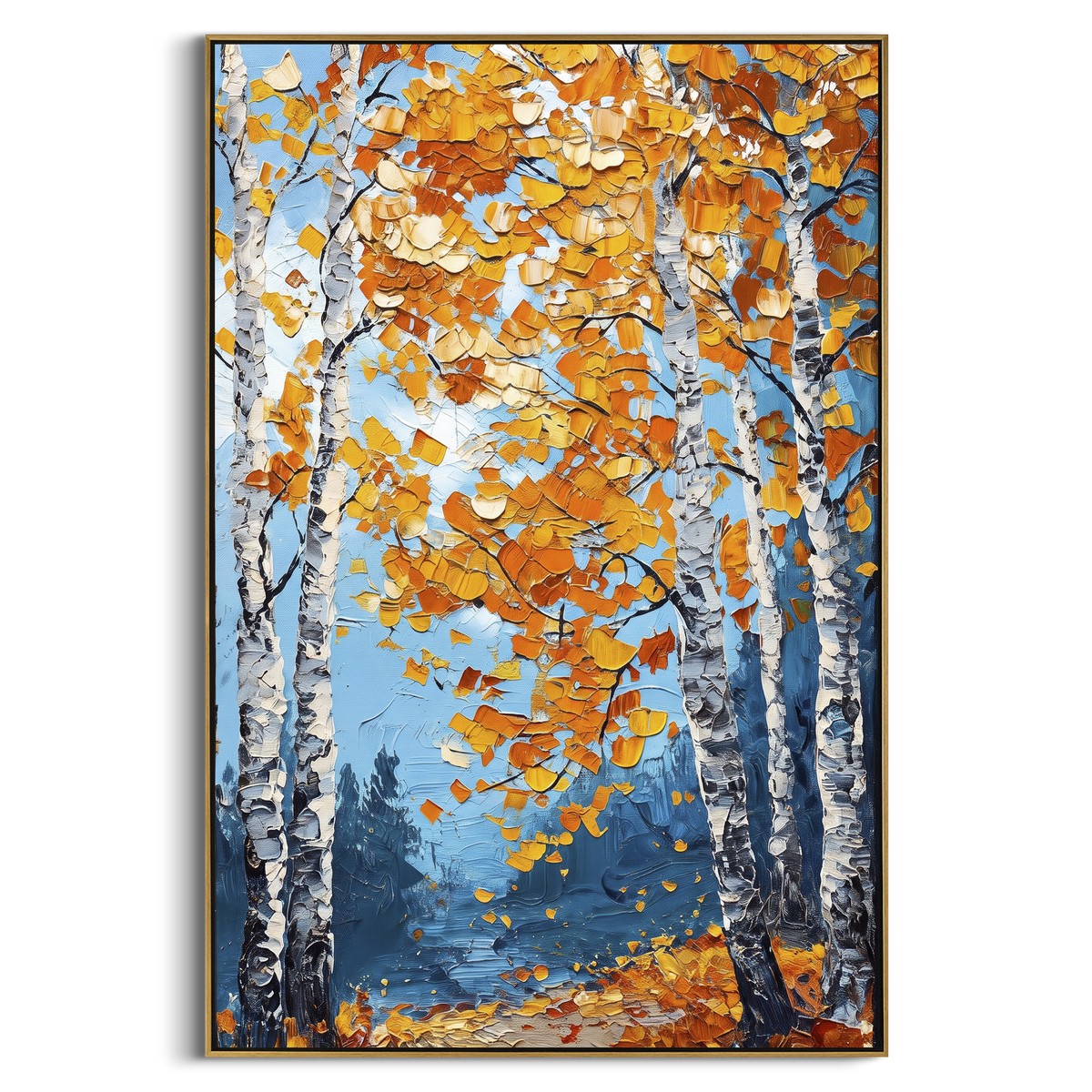 "Falling Leaves Birch Path" - Modern Heavy Impasto Botanical Tree Artwork | Orange & Yellow Palette Knife Painting | Luxury Vertical Wall Art #PT 2191