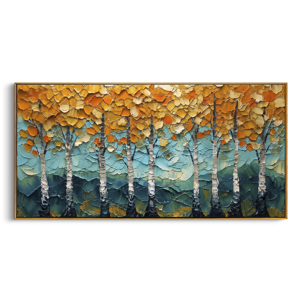 ARTWORK DETAILS Thick Gold Aspen Grove Painting is built from the actual artwork image: heavy palette-knife golden leaves over teal and white trunks. The composition uses raised texture to separate tree trunks, leaf masses, ground movement, and soft background atmosphere, so the surface reads with real hand-painted depth from different viewing angles. The color direction is yellow, green, white, chosen to keep the autumn mood warm while still leaving enough pale air and cool contrast for modern
