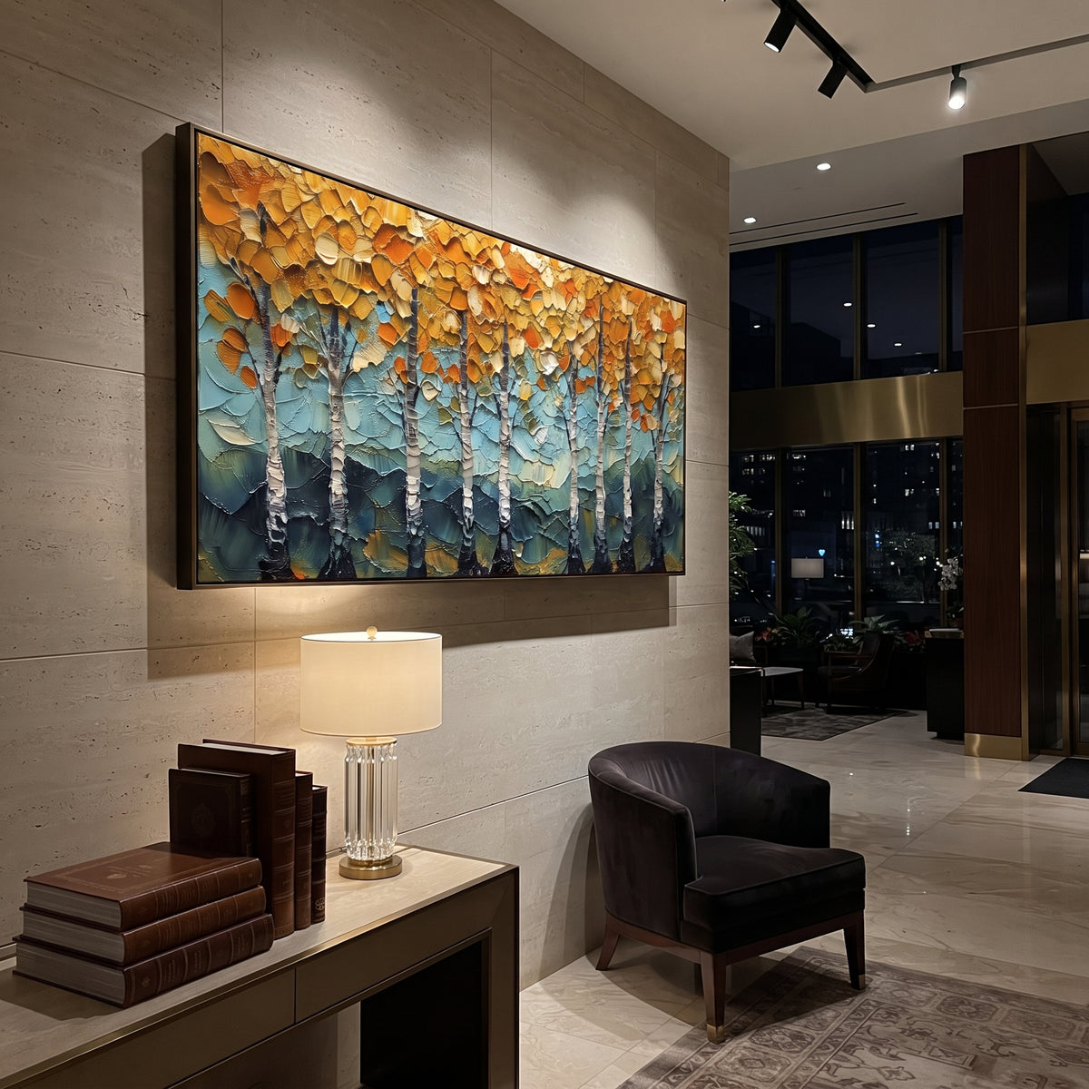 ARTWORK DETAILS Thick Gold Aspen Grove Painting is built from the actual artwork image: heavy palette-knife golden leaves over teal and white trunks. The composition uses raised texture to separate tree trunks, leaf masses, ground movement, and soft background atmosphere, so the surface reads with real hand-painted depth from different viewing angles. The color direction is yellow, green, white, chosen to keep the autumn mood warm while still leaving enough pale air and cool contrast for modern