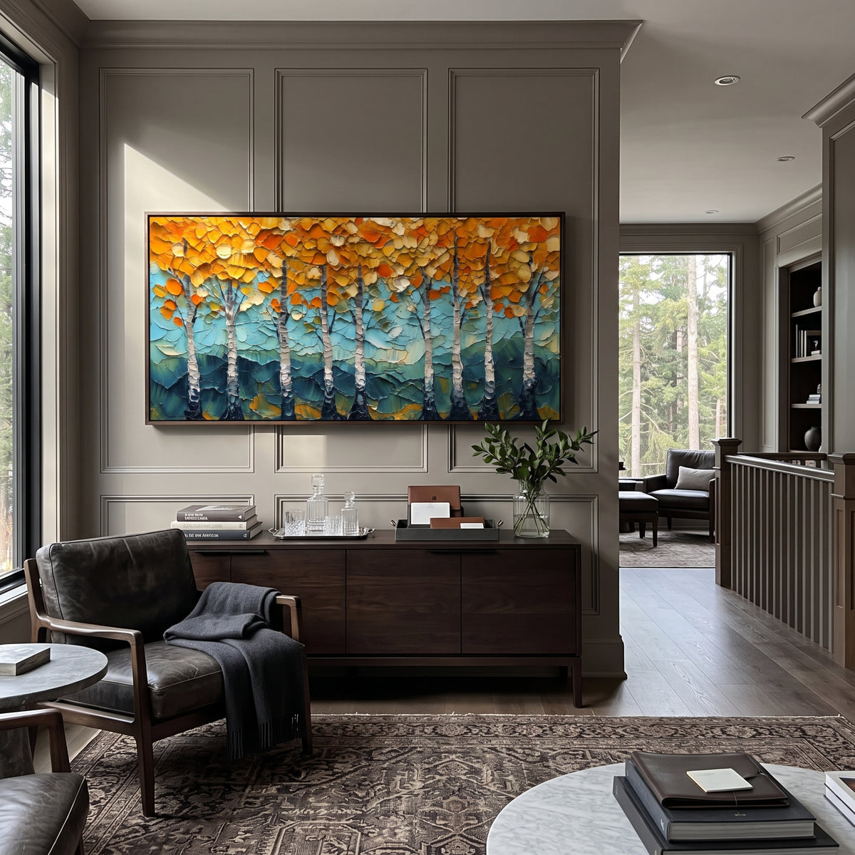 ARTWORK DETAILS Thick Gold Aspen Grove Painting is built from the actual artwork image: heavy palette-knife golden leaves over teal and white trunks. The composition uses raised texture to separate tree trunks, leaf masses, ground movement, and soft background atmosphere, so the surface reads with real hand-painted depth from different viewing angles. The color direction is yellow, green, white, chosen to keep the autumn mood warm while still leaving enough pale air and cool contrast for modern