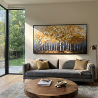 ARTWORK DETAILS Gold Canopy Birch Line Painting is built from the actual artwork image: low white birch line under a broad gold canopy. The composition uses raised texture to separate tree trunks, leaf masses, ground movement, and soft background atmosphere, so the surface reads with real hand-painted depth from different viewing angles. The color direction is yellow, white, gray, chosen to keep the autumn mood warm while still leaving enough pale air and cool contrast for modern interiors. Core