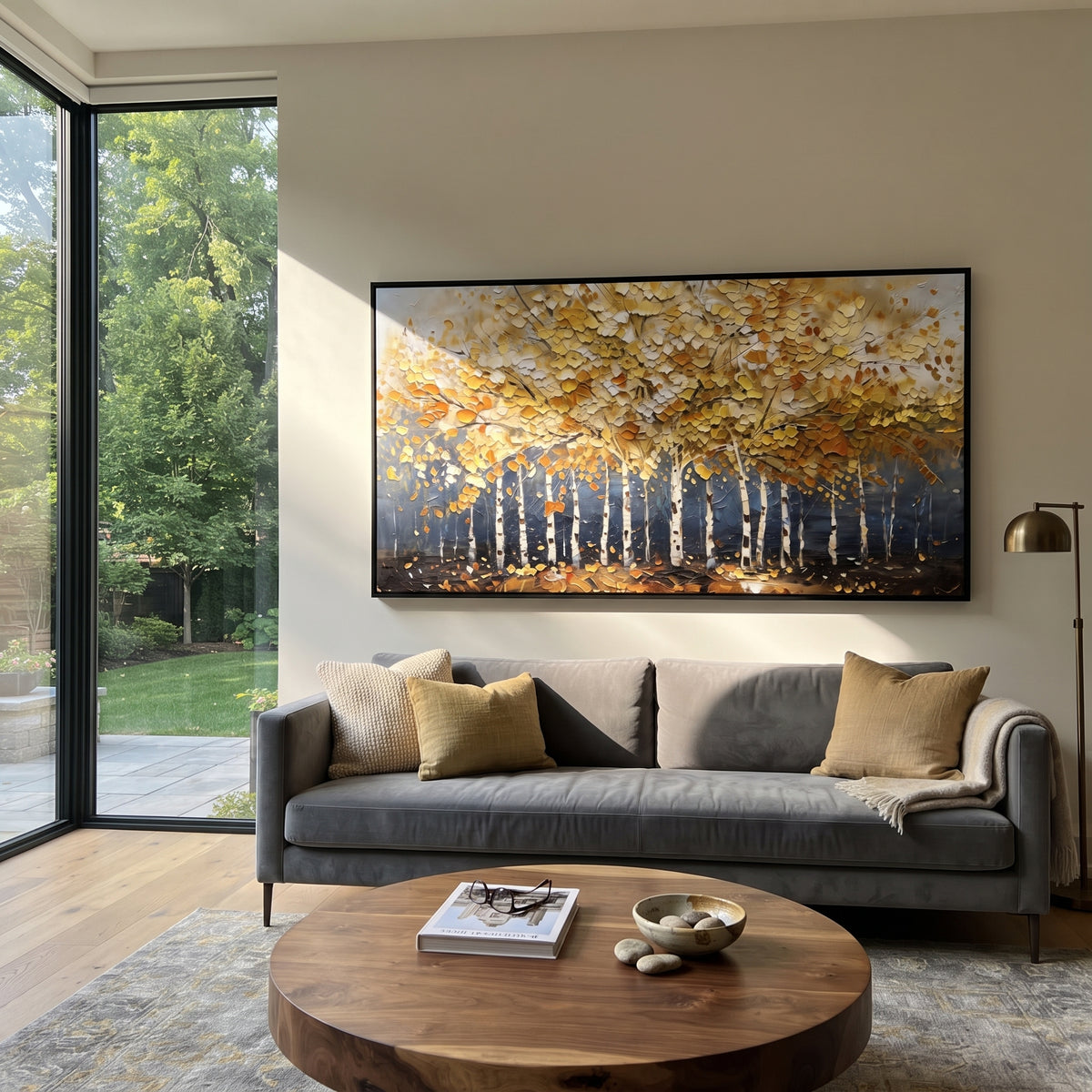 ARTWORK DETAILS Gold Canopy Birch Line Painting is built from the actual artwork image: low white birch line under a broad gold canopy. The composition uses raised texture to separate tree trunks, leaf masses, ground movement, and soft background atmosphere, so the surface reads with real hand-painted depth from different viewing angles. The color direction is yellow, white, gray, chosen to keep the autumn mood warm while still leaving enough pale air and cool contrast for modern interiors. Core