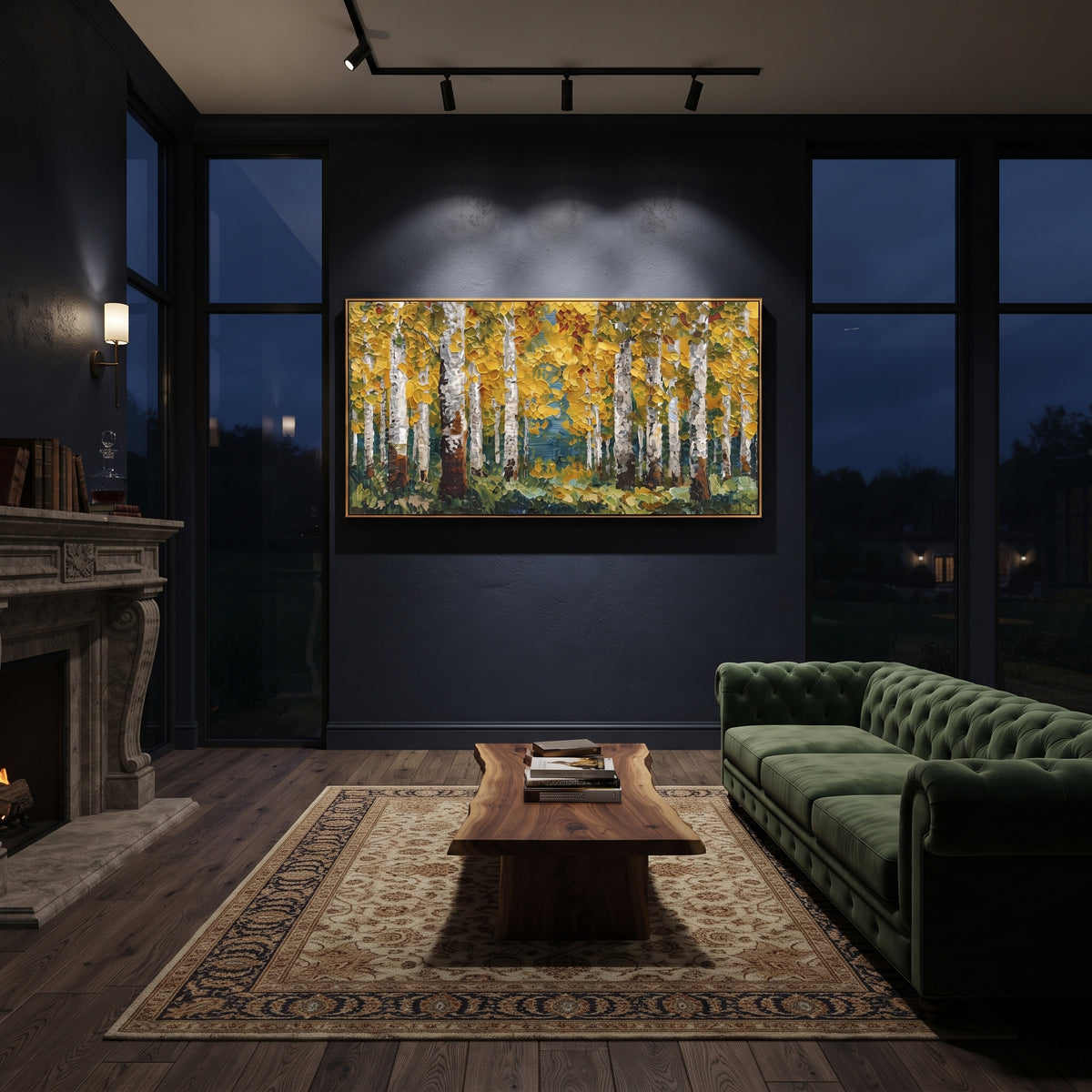 ARTWORK DETAILS Green Gold Birch Forest Painting is built from the actual artwork image: green forest floor and yellow birch leaves in a dense grove. The composition uses raised texture to separate tree trunks, leaf masses, ground movement, and soft background atmosphere, so the surface reads with real hand-painted depth from different viewing angles. The color direction is green, yellow, white, chosen to keep the autumn mood warm while still leaving enough pale air and cool contrast for modern
