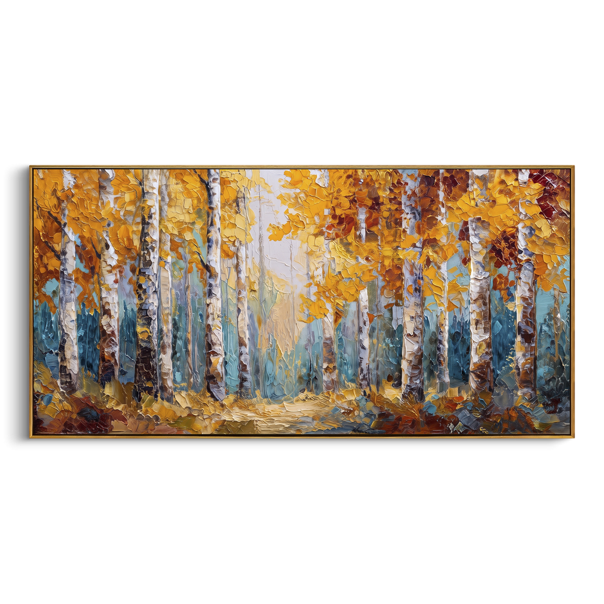 ARTWORK DETAILS Amber Birch Trail Painting is built from the actual artwork image: amber and gold birch trunks opening into a blue trail. The composition uses raised texture to separate tree trunks, leaf masses, ground movement, and soft background atmosphere, so the surface reads with real hand-painted depth from different viewing angles. The color direction is orange, yellow, blue, chosen to keep the autumn mood warm while still leaving enough pale air and cool contrast for modern interiors.